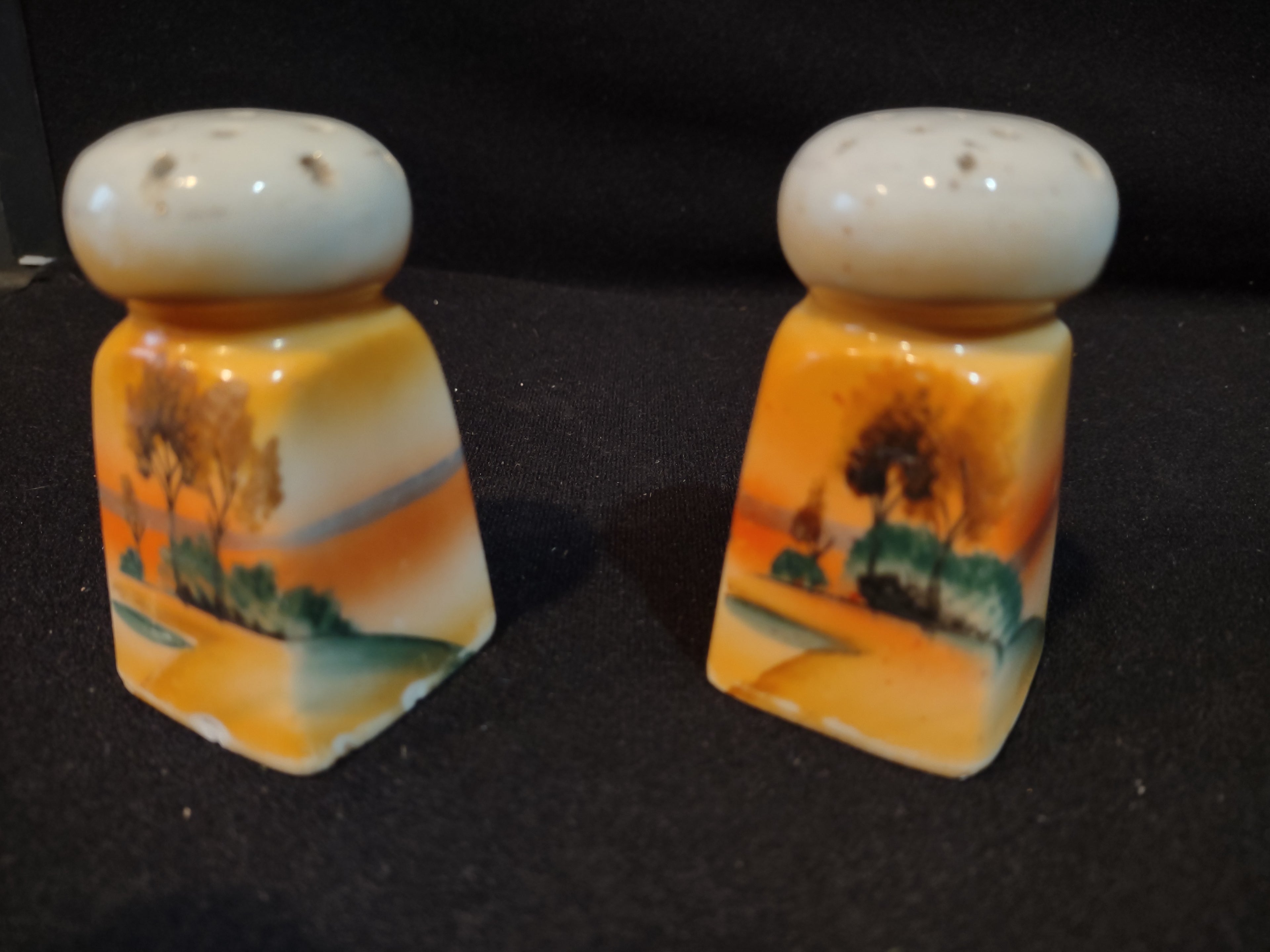 Vintage Japan Ceramic Salt Pepper Shaker Lake Trees Orange IMPERFECT (lot 5371)