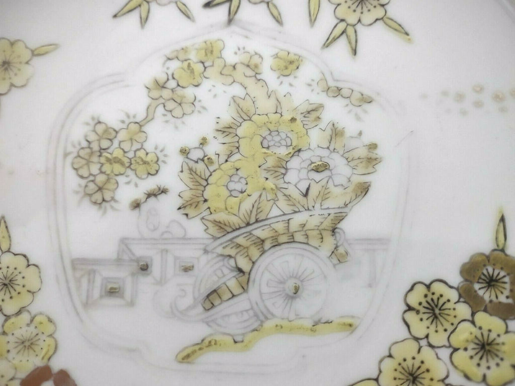 Vintage Gold Imari Hand Painted Trinket Dish Gold Yellow Flower Round Tray 001