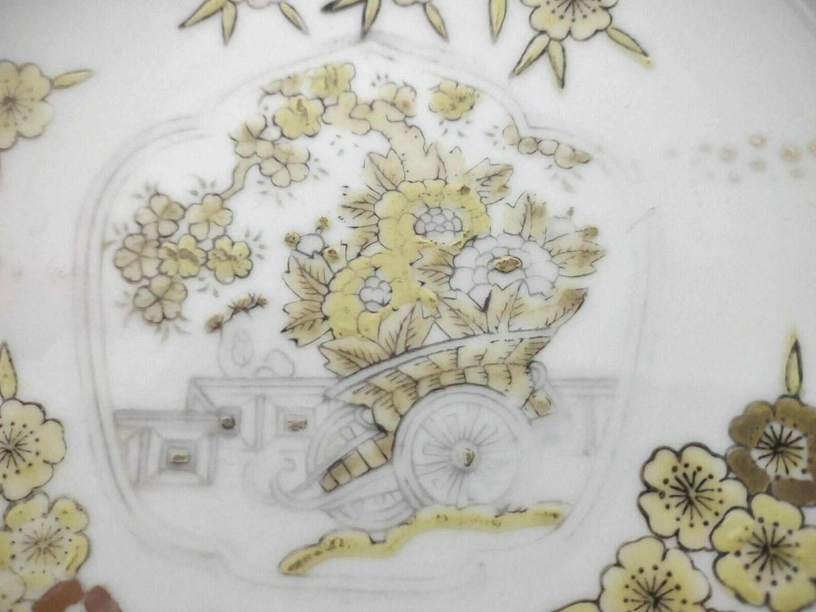 Vintage Gold Imari Hand Painted Trinket Dish Gold Yellow Flower Round Tray 001