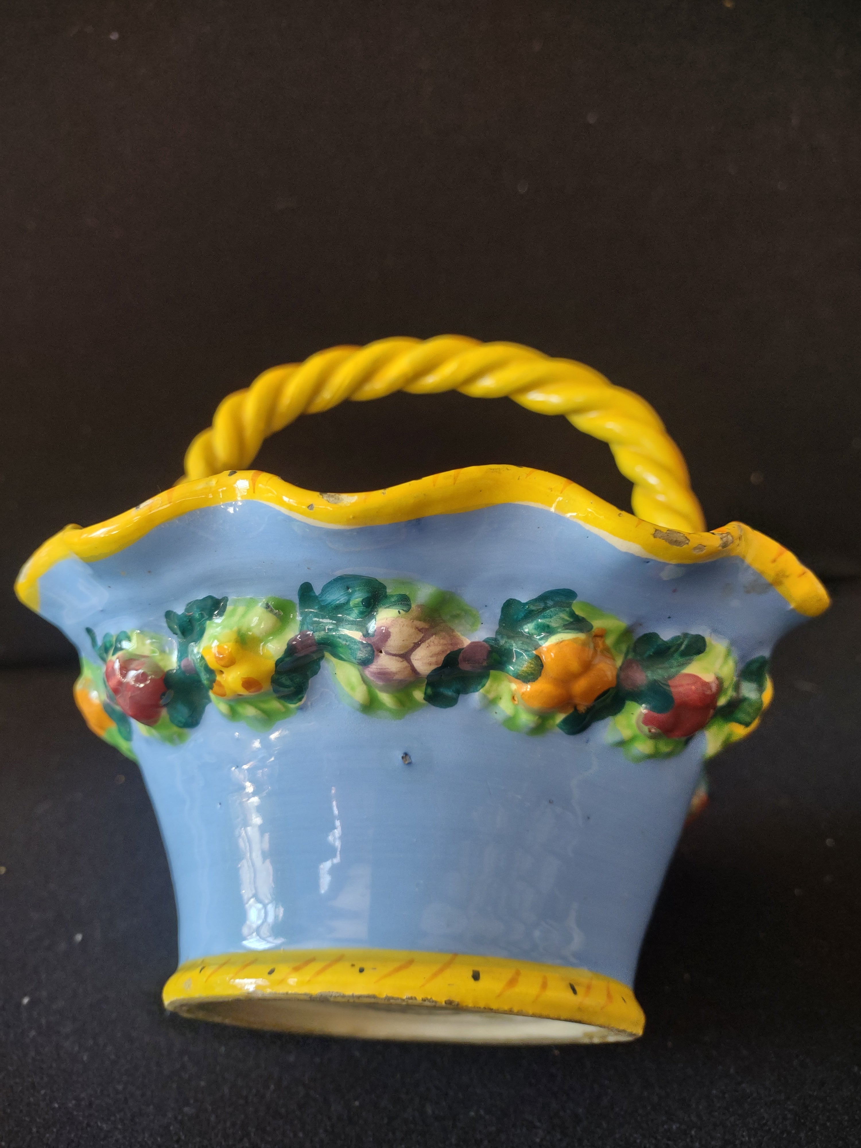 Vintage Ceramic Basket Blue Yellow Fruit Italy IMPERFECT (lot 5524)