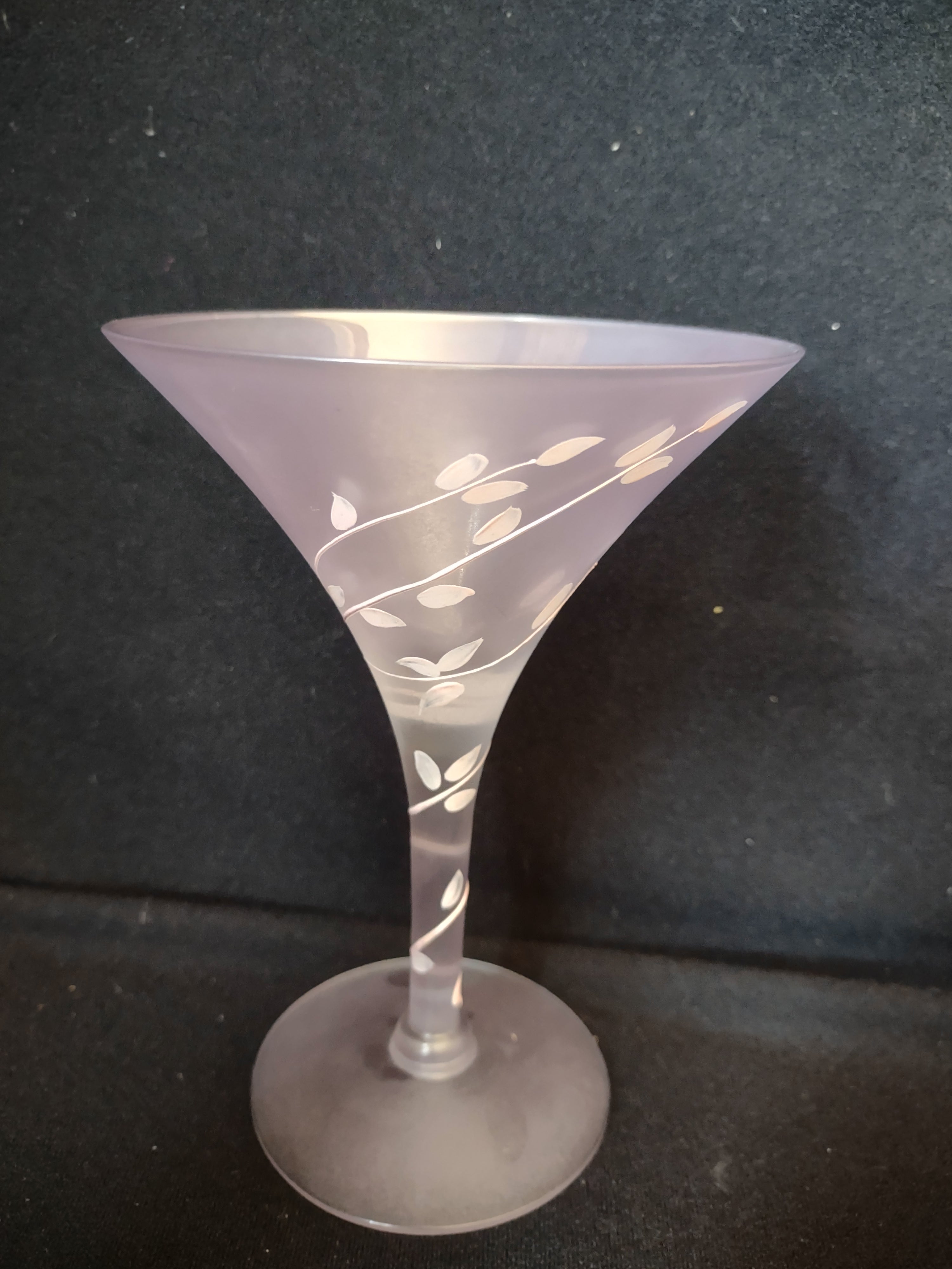 Vintage MCM Frosted Martini Glass Pink Leaves Handpainted (lot 2739)