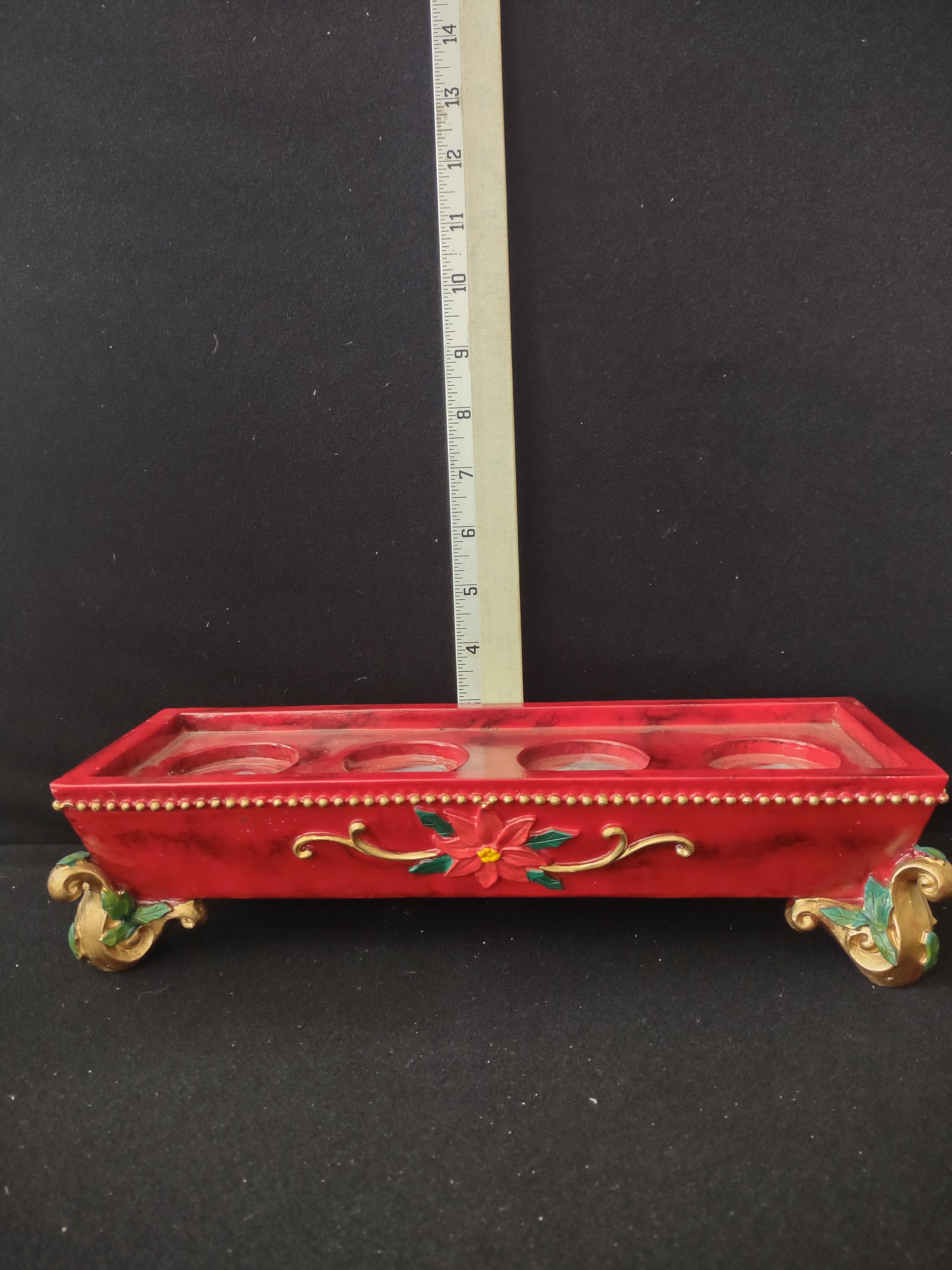 Vintage Christmas Poinsettia Footed 4 Tea Lighted Candle Holder (Lot 3625)