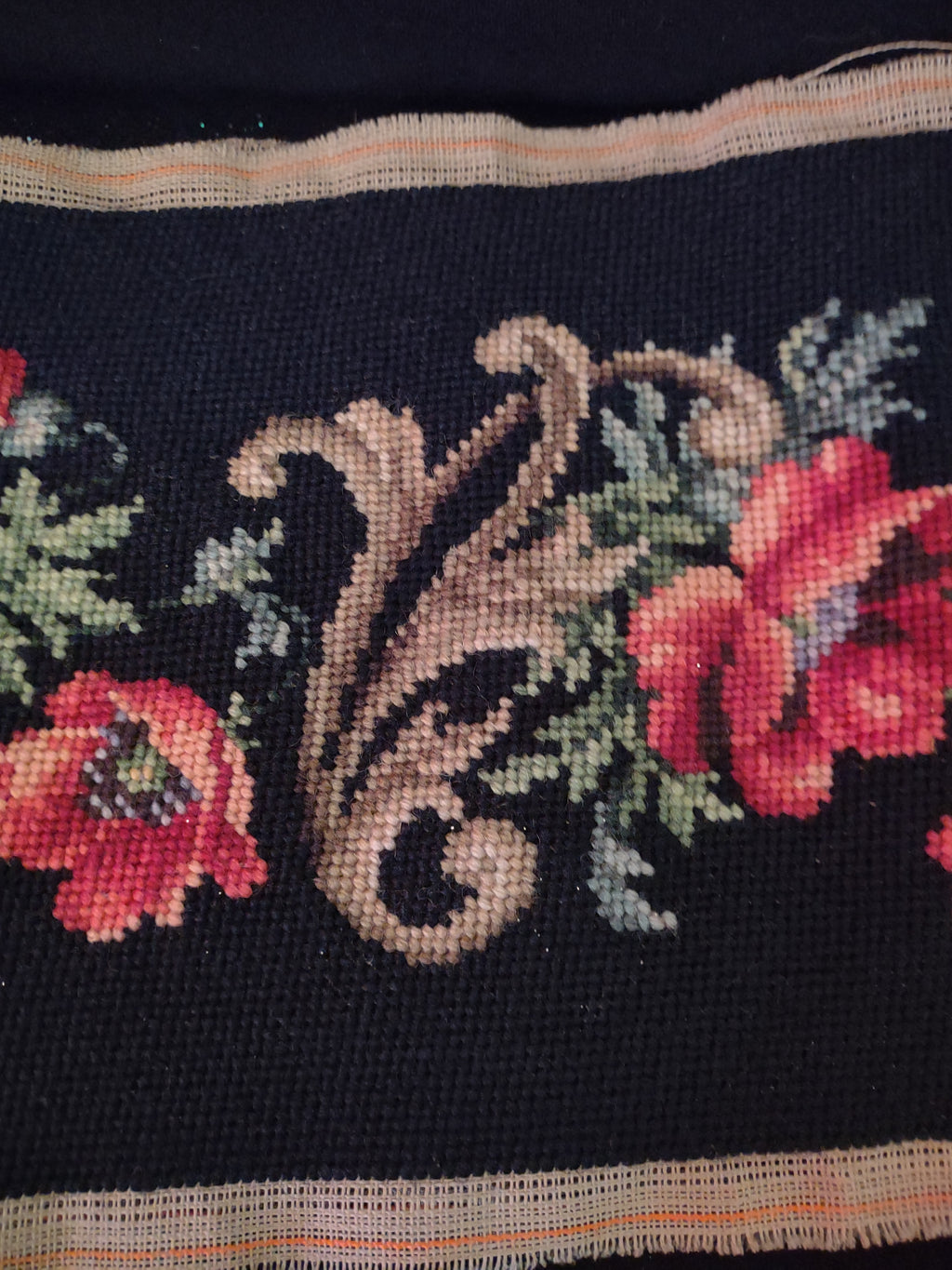 Handsewn Needlepoint Panel Floral Design Black Red Poppies 62 X 9" (Lot 4509)