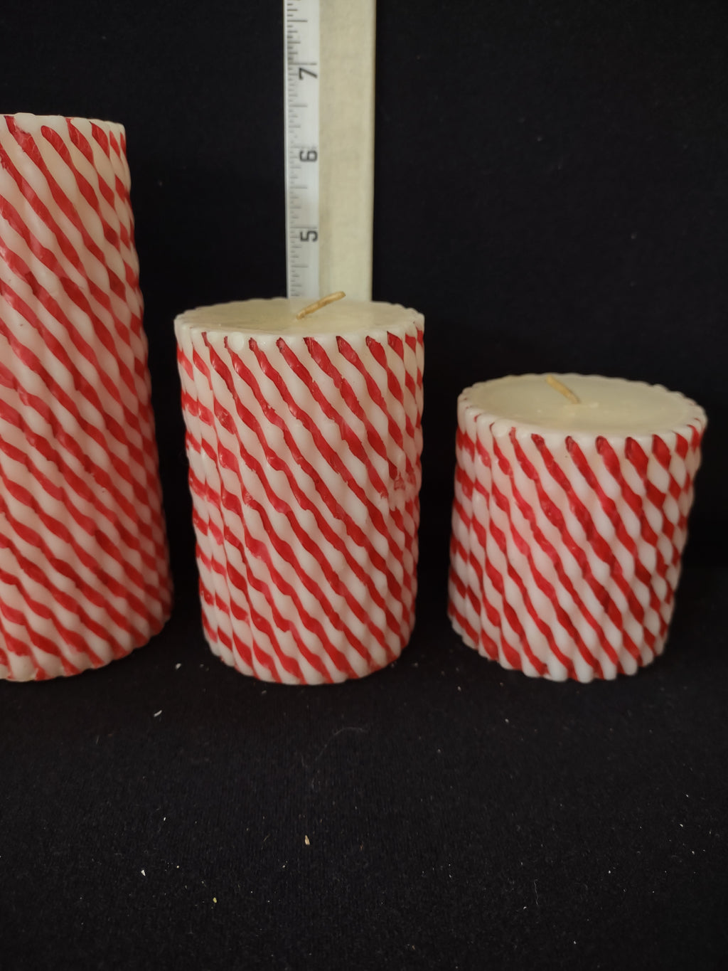 Christmas Holiday 3 Red White Striped Pillar Candles 6" 4" 3" (Lot 3925)