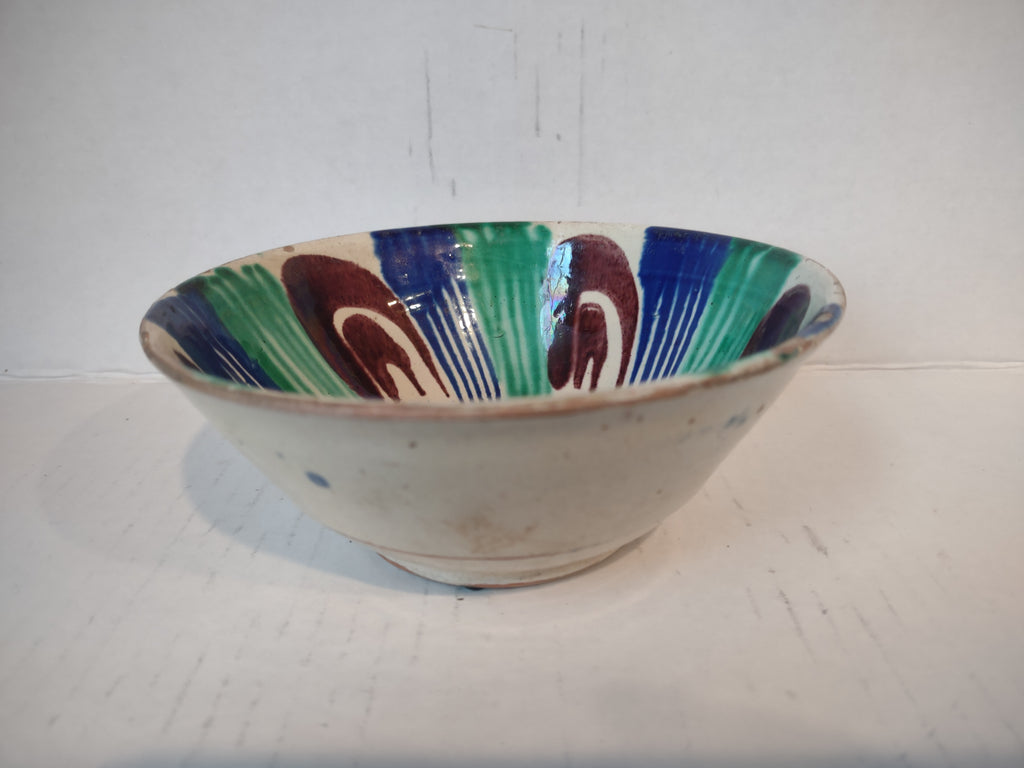 Vintage Stoneware Mexico Small Bowl Green Cobalt Blue Green Bird (lot 5341)