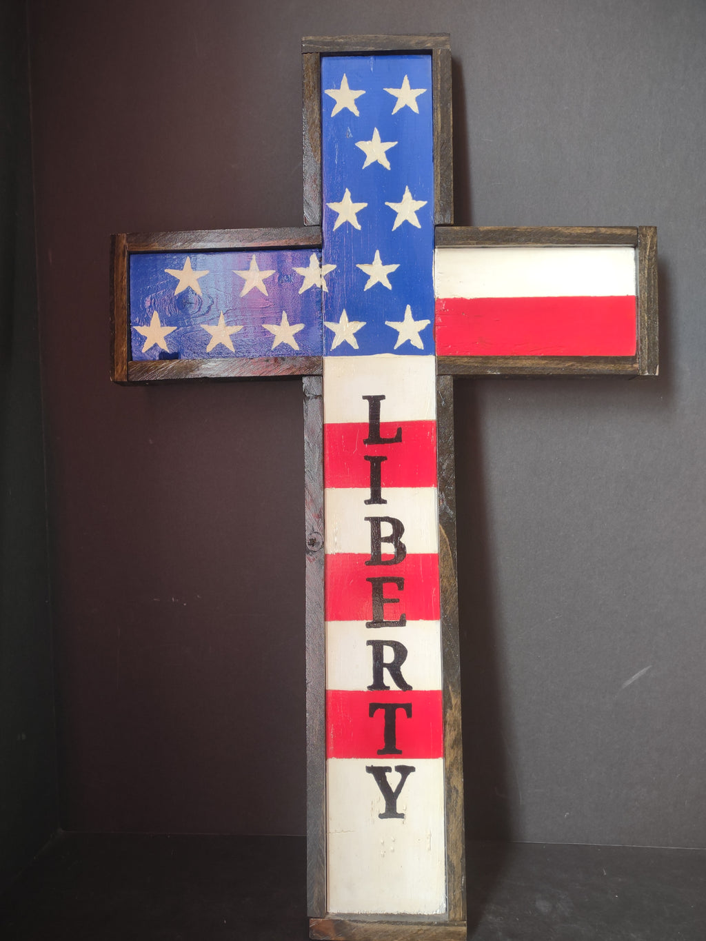 Handmade Patriotic Stars American Wooden Cross 27" x 17" (lot 3378)