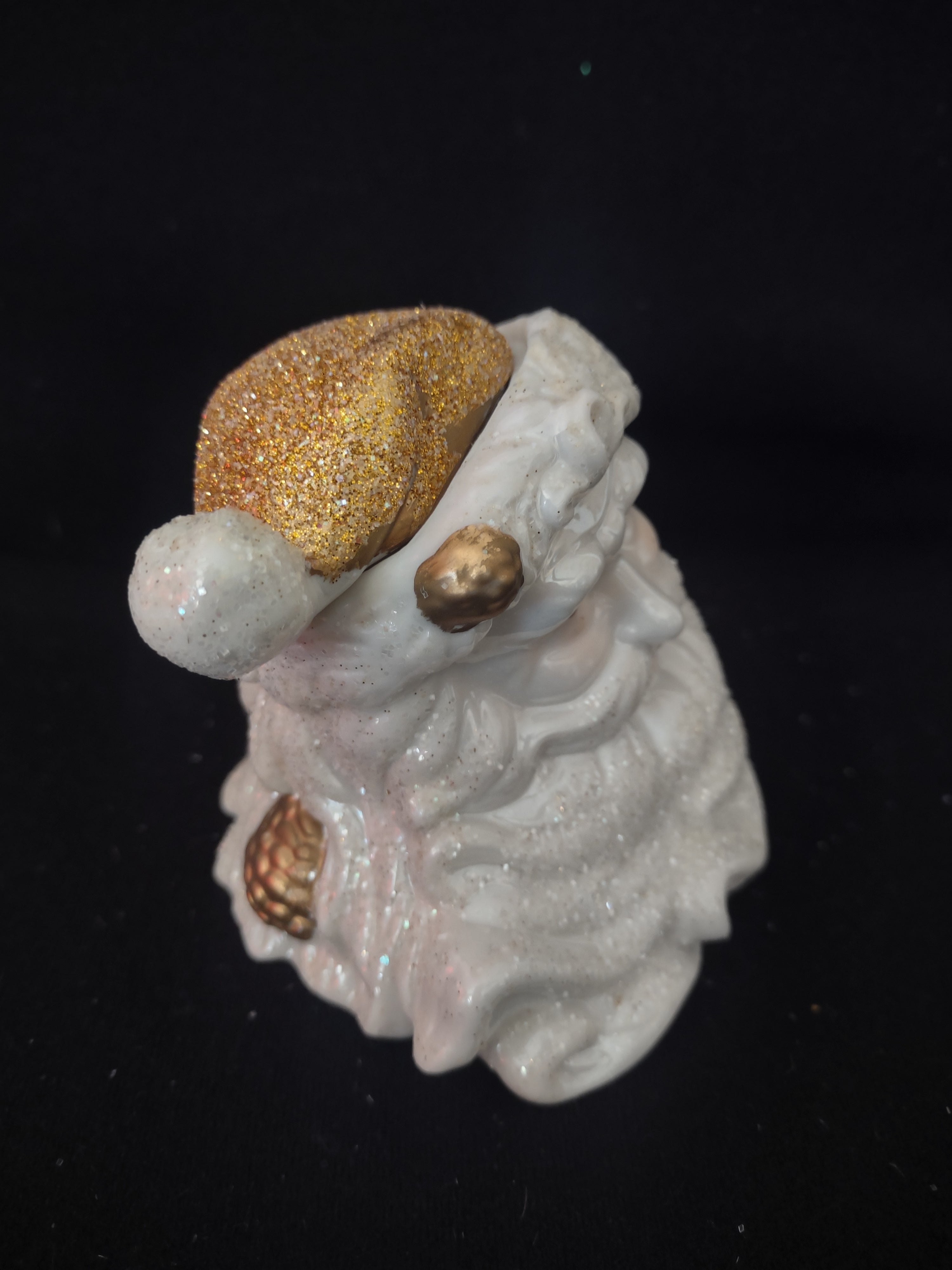 Vintage Ceramic Christmas White Gold Sparkle 3" Santa Cracker Barrel (Lot 4553)
