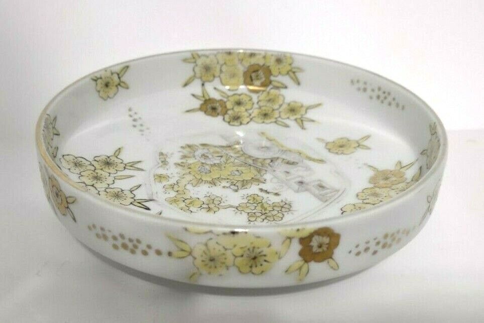 Vintage Gold Imari Hand Painted Trinket Dish Gold Yellow Flower Round Tray 001