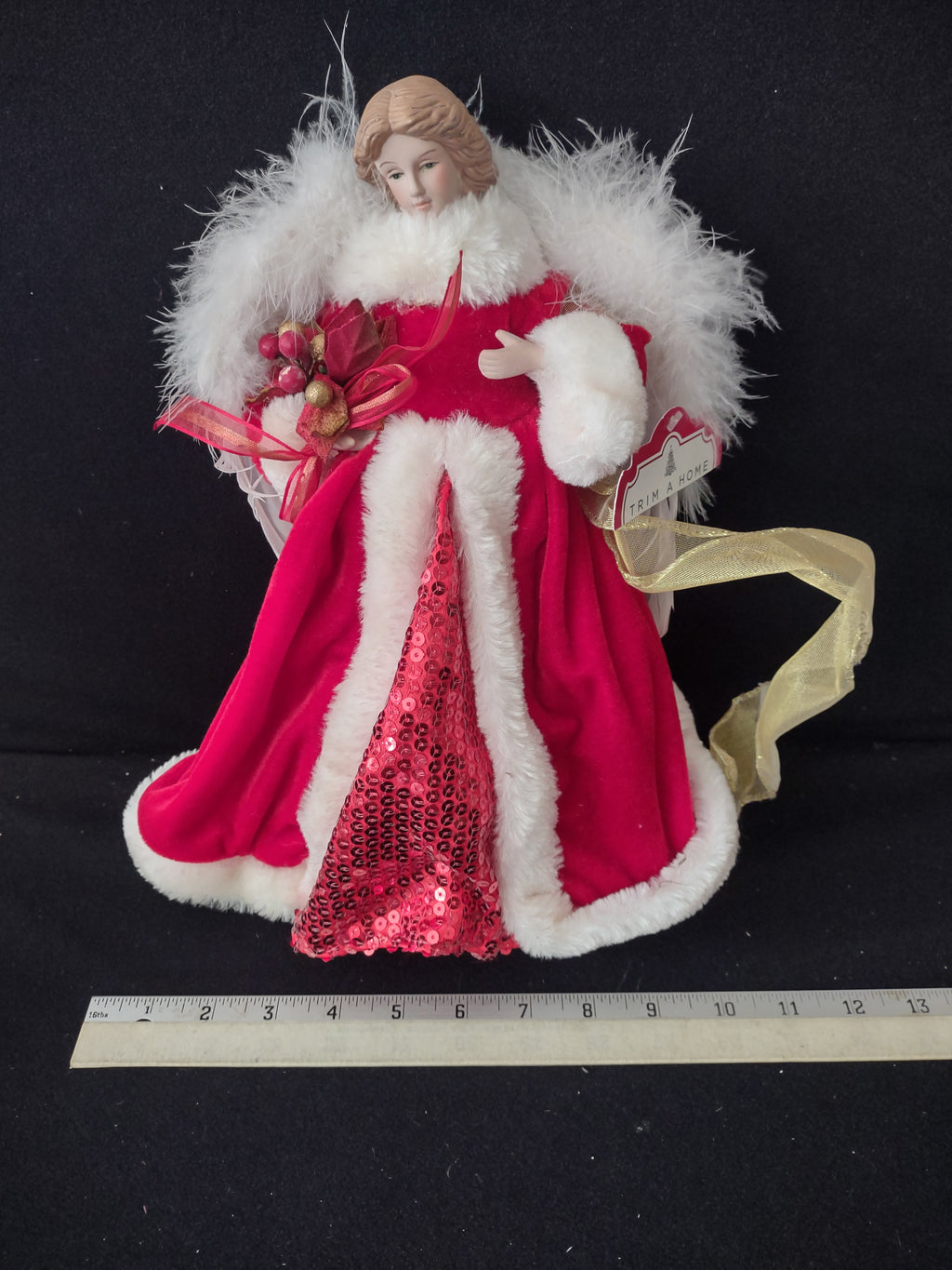 Vintage Christmas Angel Porcelain Head Red Gown Feather Wings (Lot 3731)