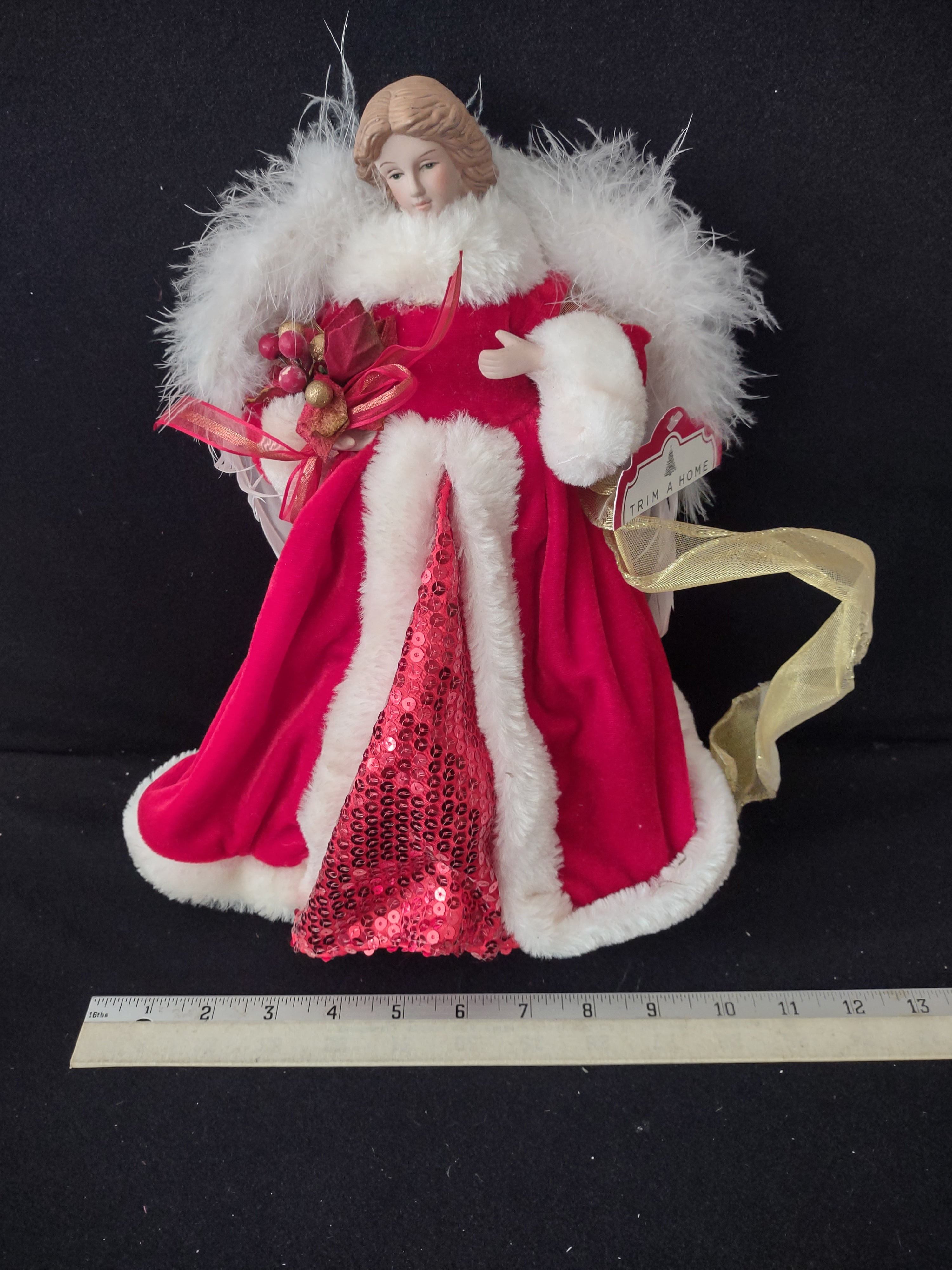 Vintage Christmas Angel Porcelain Head Red Gown Feather Wings (Lot 3731)