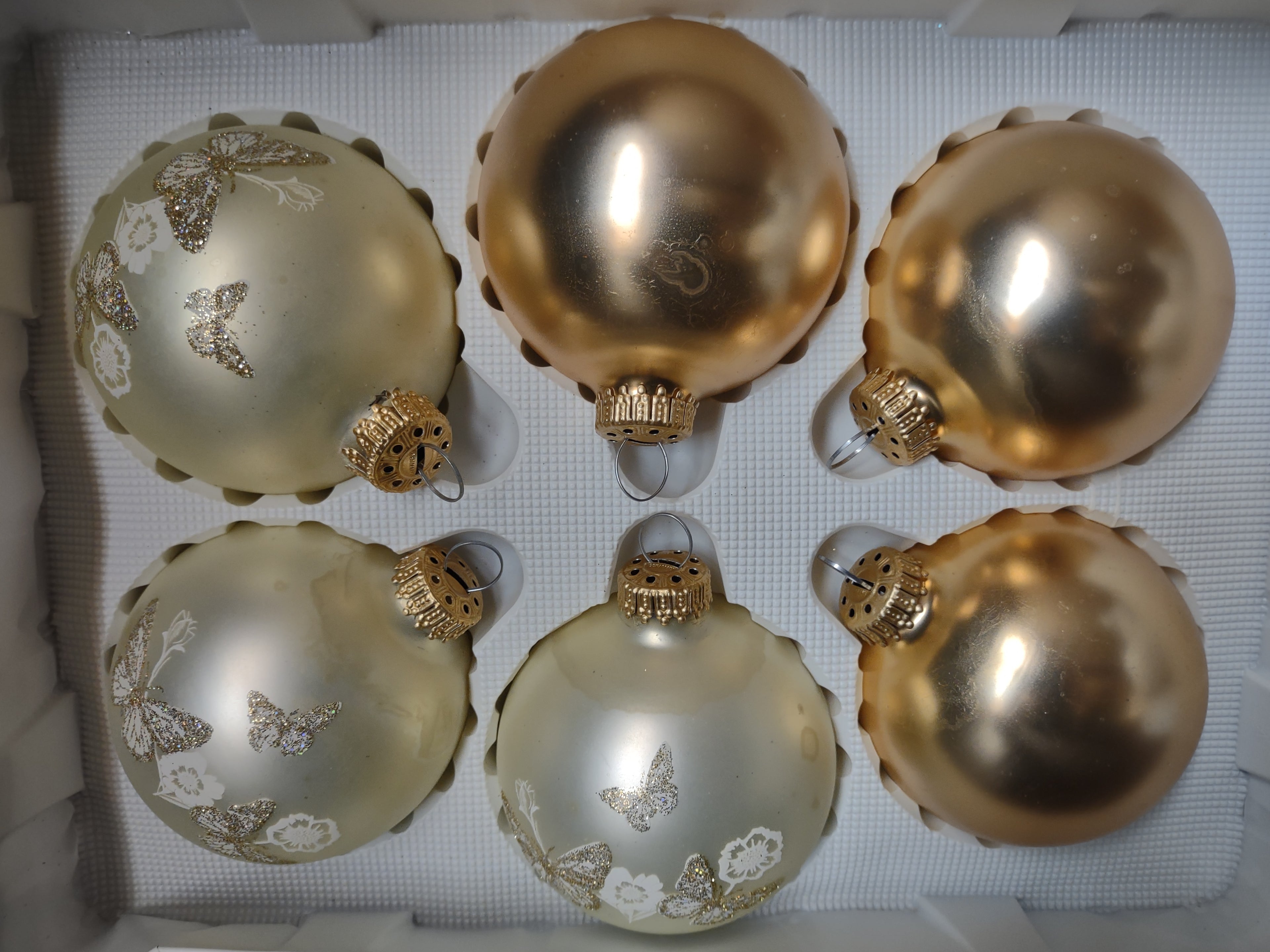 Vintage Christmas Set 6 Glass Ornaments Krebs 3" Butterfly Golden (lot 1434)