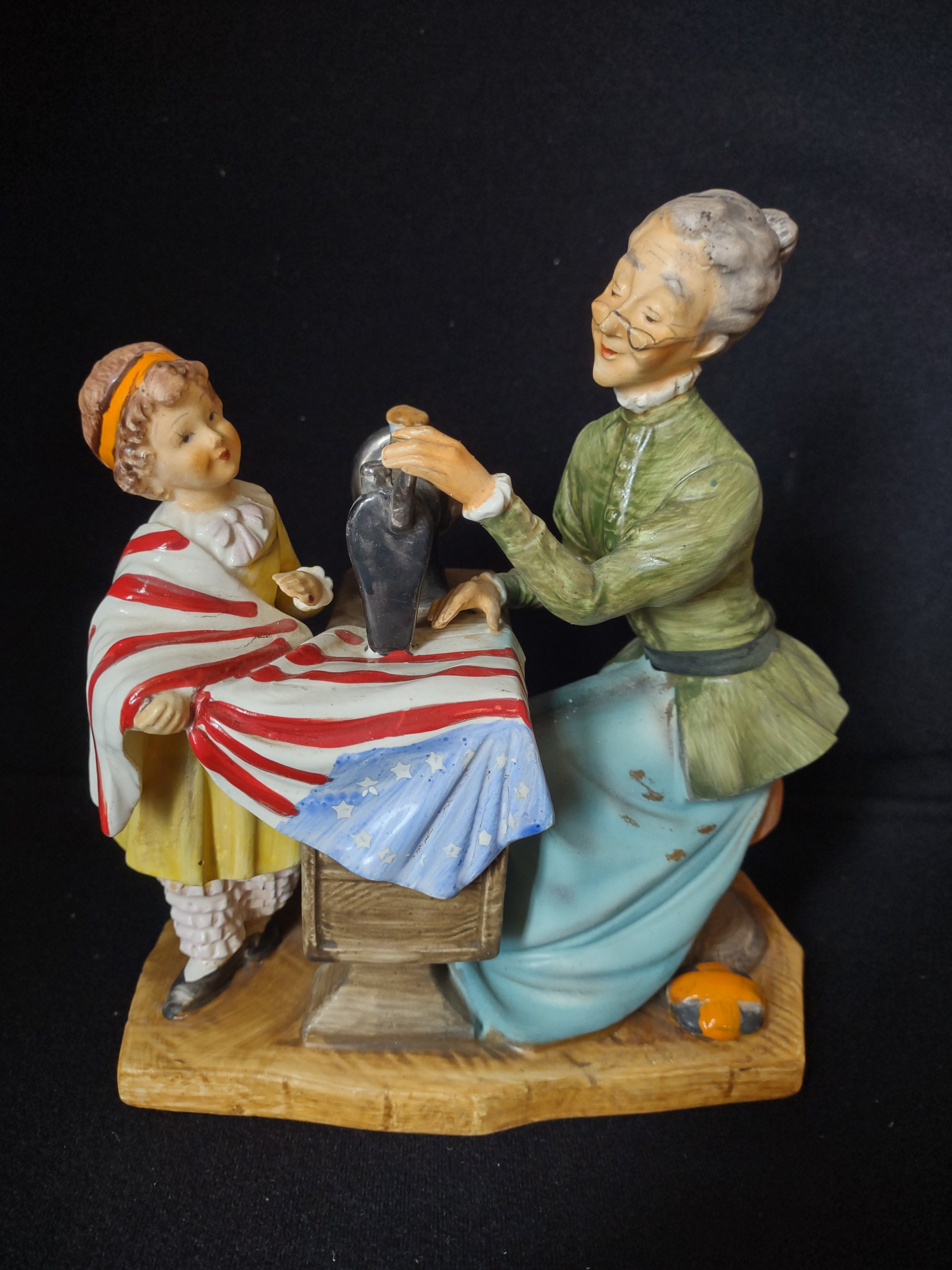Vintage Figurine Sculpture Grandma and Child Sewing American Flag (lot 2698c)