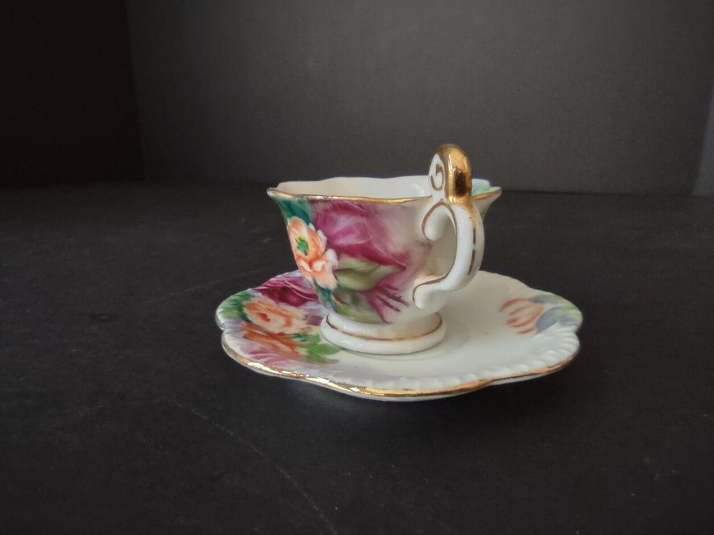 Japan Miniature 1-3/8" Teacup & Saucer Pink Orange Purple Rose (lot 726)