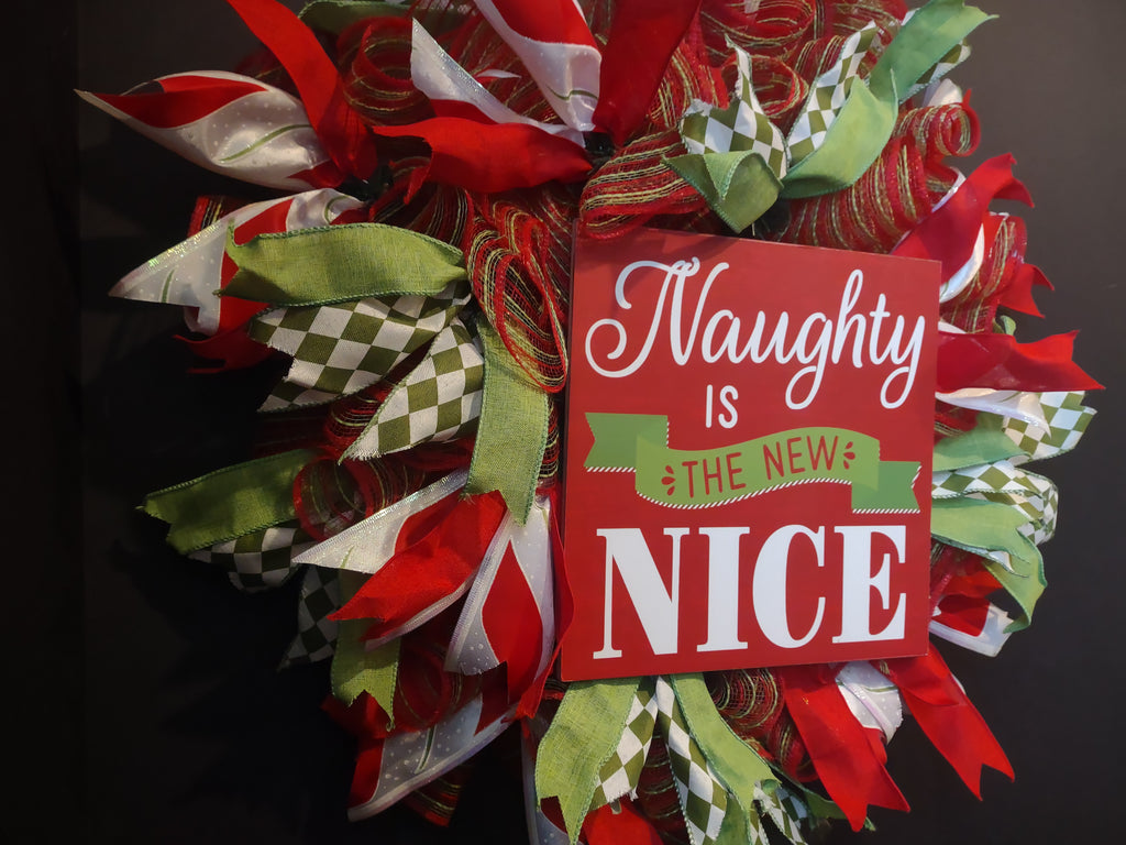 Christmas Naughty is New Nice Mesh Ribbon Wreath Handmade 22" (lot 1398)