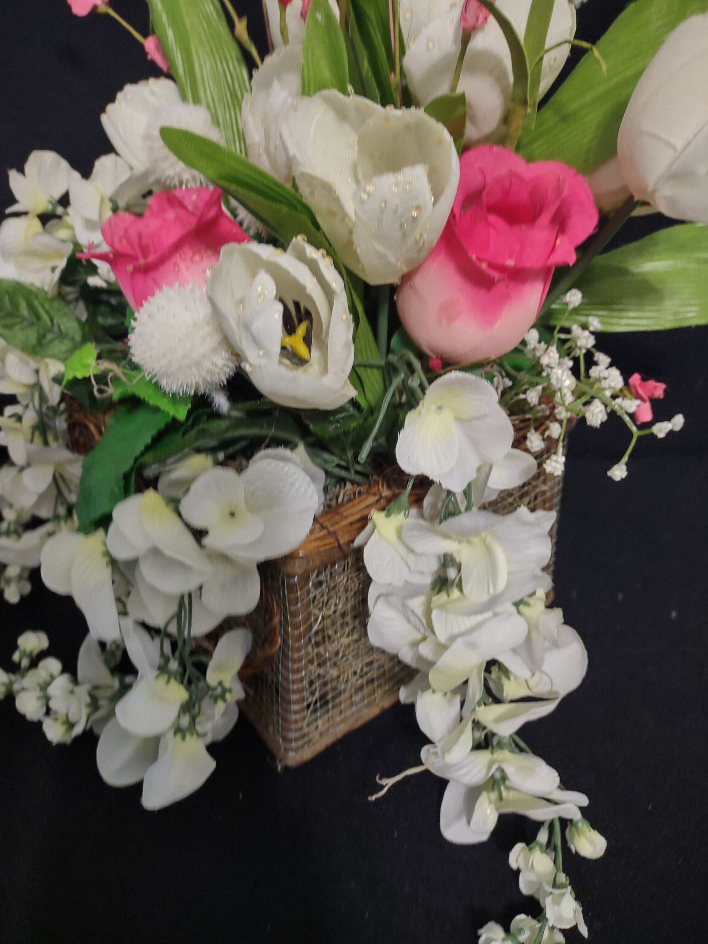 Basket Artificial Flowers Pink White Rose Centerpiece Mothers Day (lot 2661)
