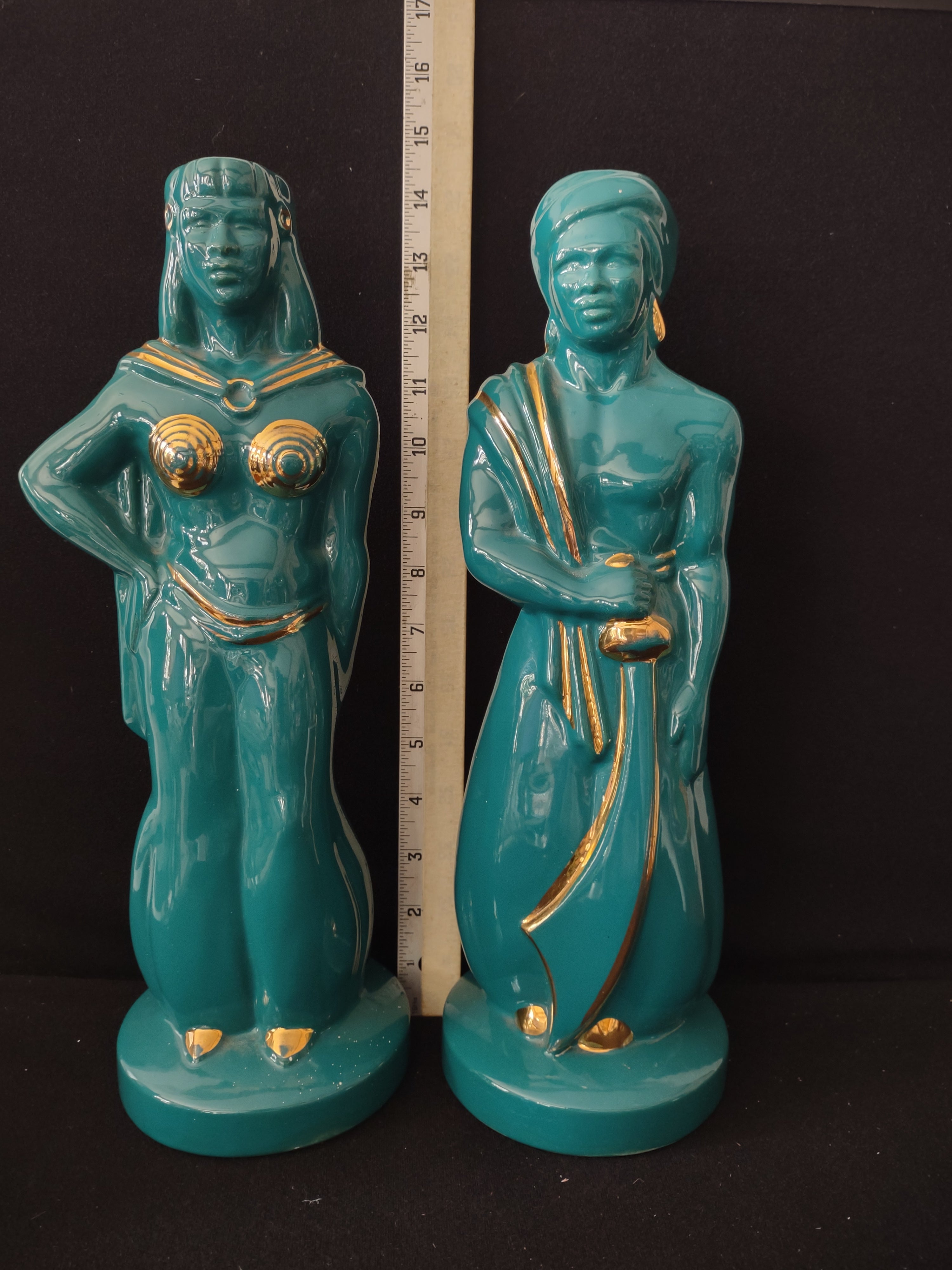 Vintage Ceramic Eastern Style Figurine Man Woman Turquoise Gold Accent (Lot 3737