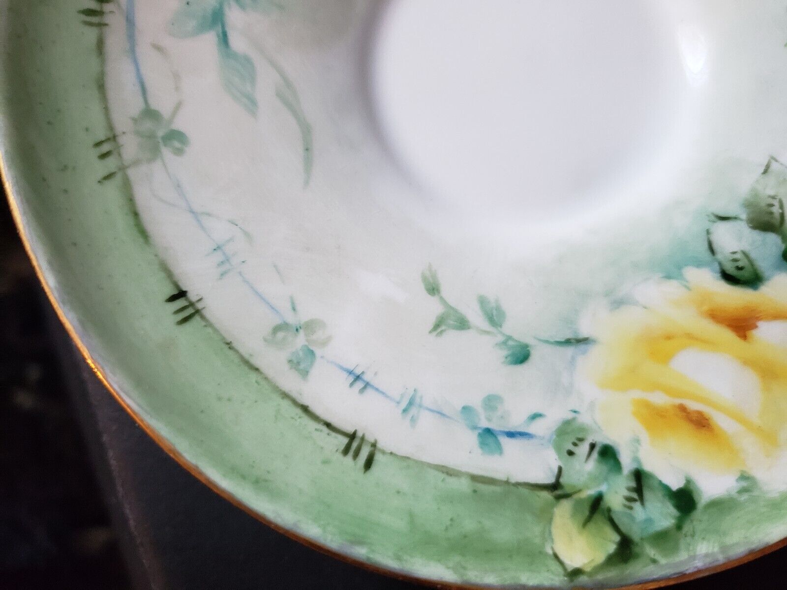 1870-1945 Vintage KPM Germany Teacup & Saucer Yellow Rose Green Design (lot 653)