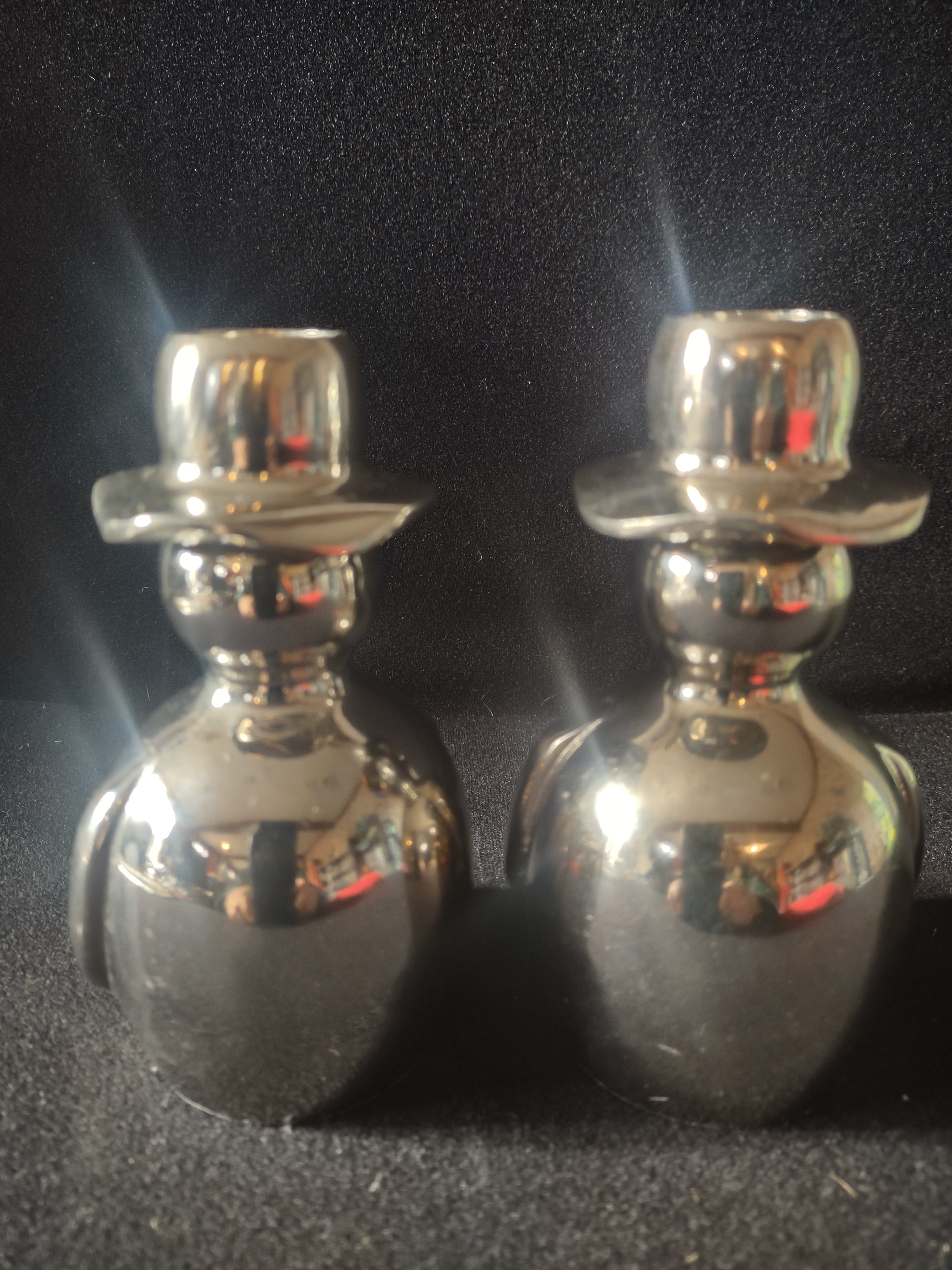 Christmas Winter Crate Barrel Silvertone Snowmen Taper Candle Holder x 2 Lot4535