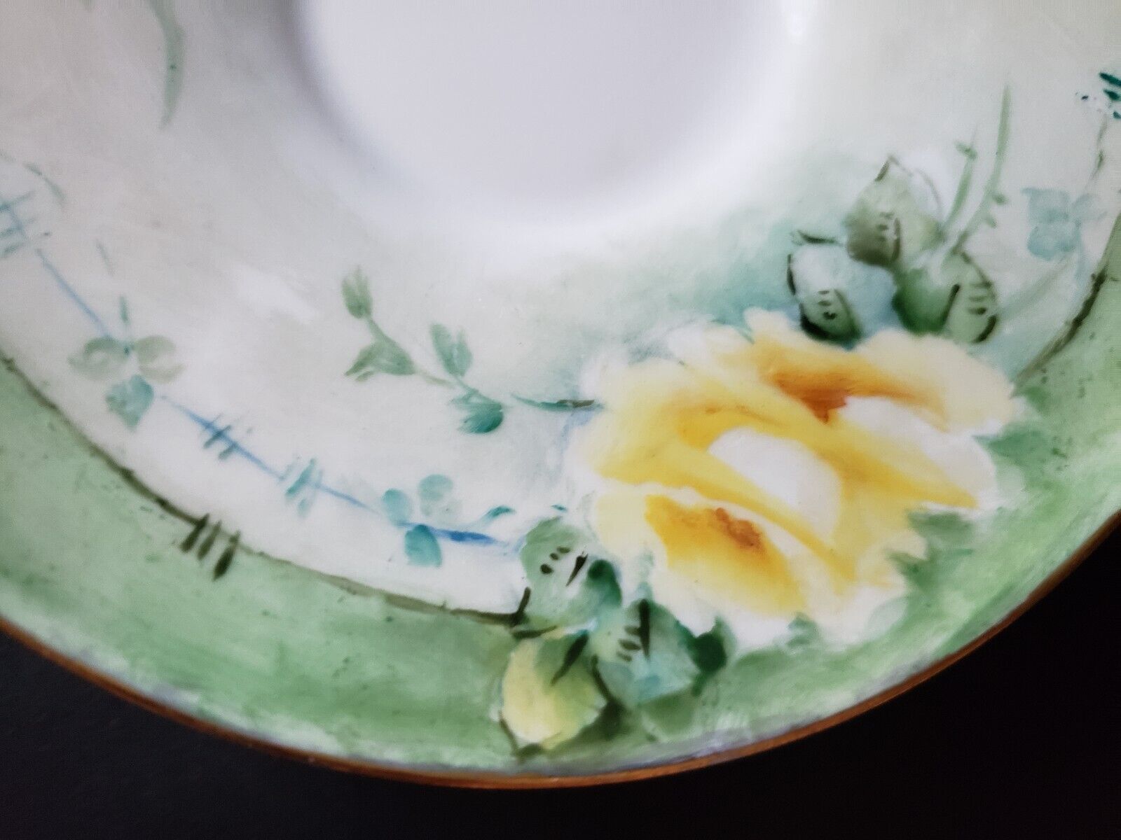 1870-1945 Vintage KPM Germany Teacup & Saucer Yellow Rose Green Design (lot 653)