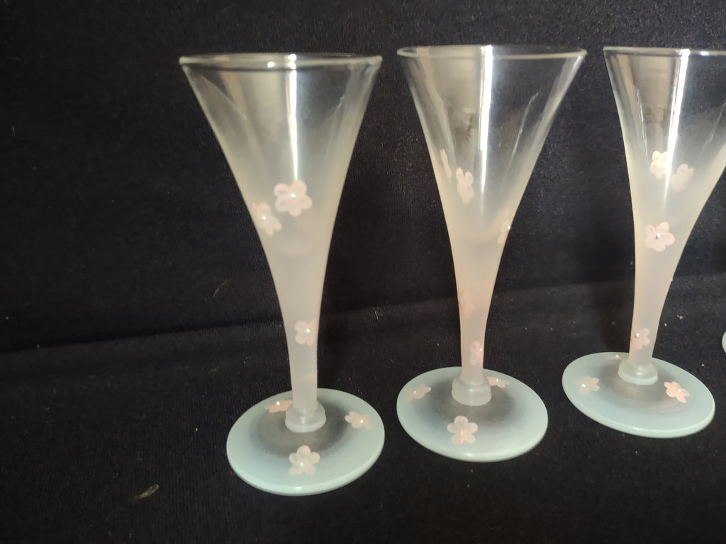 Set 6 Frosted Mini Small Martini Pink Flowers Hand Painted Vintage MCM (lot 2742