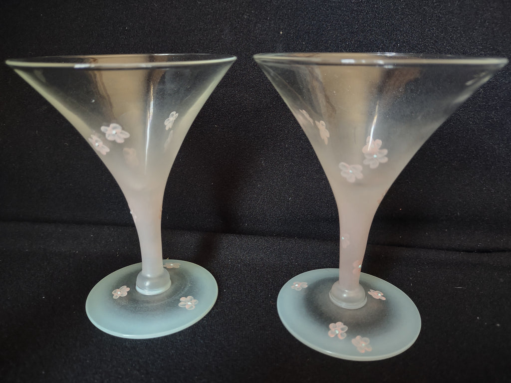 Set of 4 Vintage MCM Frosted Martini Glass Pink Flower Handpainted (lot 2740)