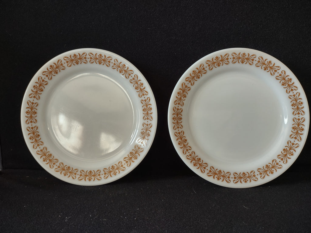 Vintage Pyrex Milk Glass USA Copper Filigree 8" Salad Plate x 2 (lot 5208)
