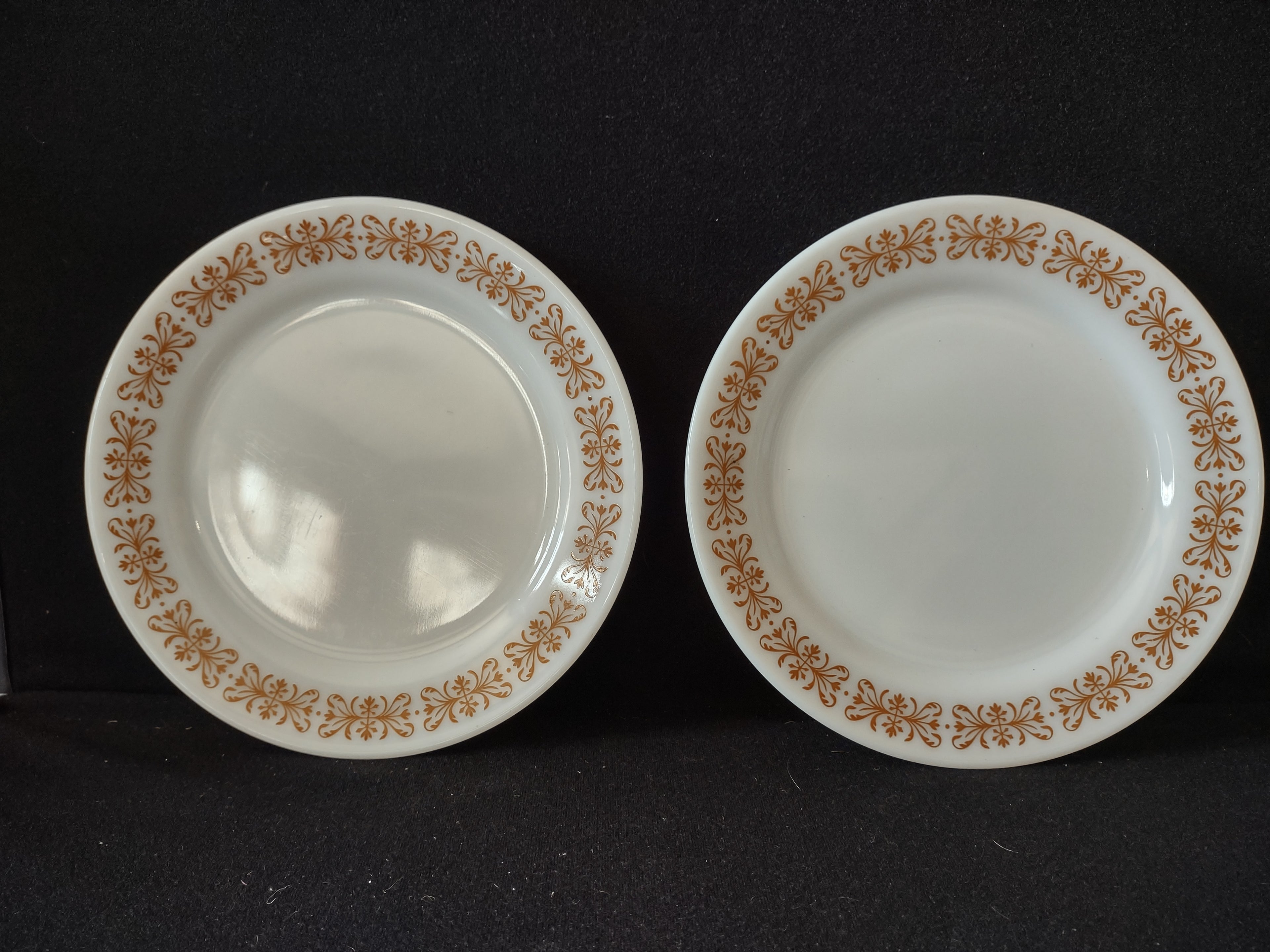 Vintage Pyrex Milk Glass USA Copper Filigree 8" Salad Plate x 2 (lot 5208)