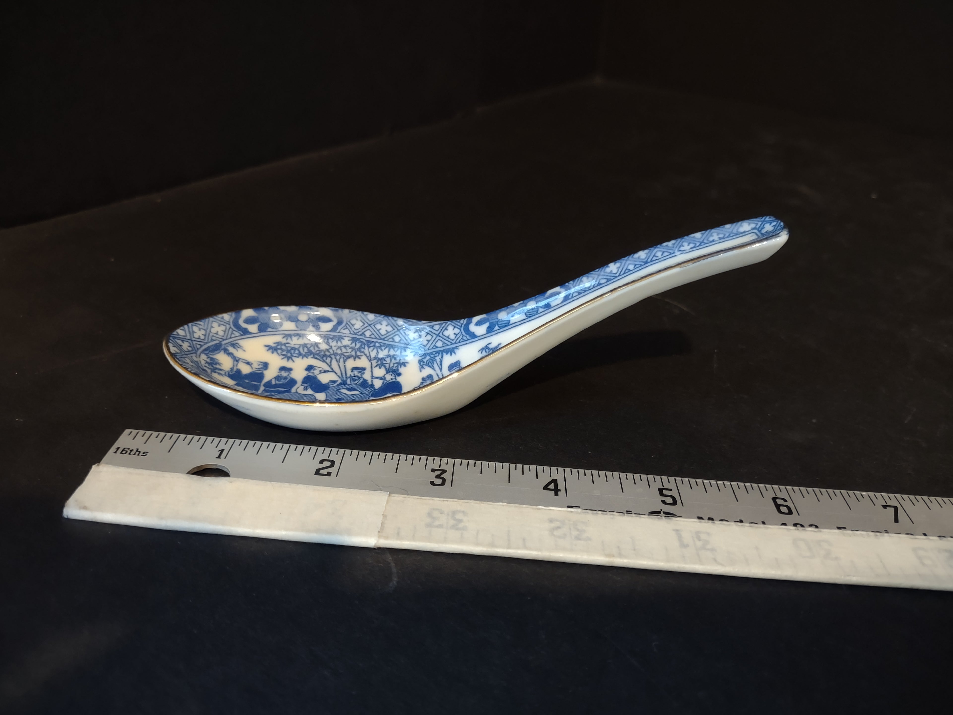 Vintage Small Spoon White Blue Gold Trim (lot 5360)