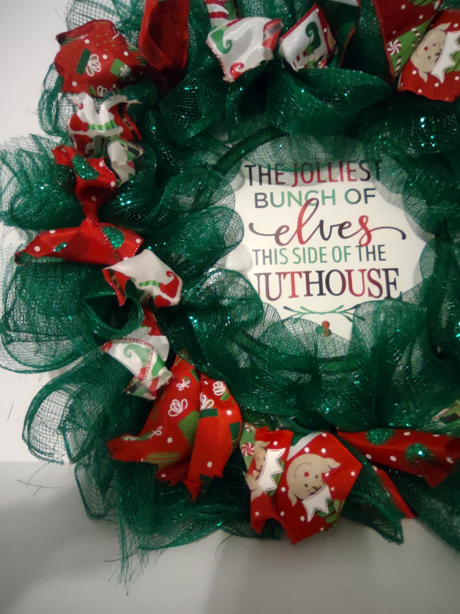 Handmade Christmas Wreath Green Red Ribbon Elf Elves Nuthouse 20" (lot 1293)