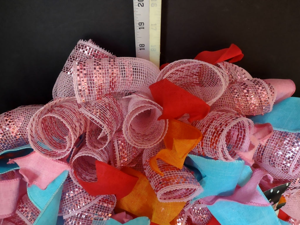 Handmade Christmas Wreath 24" Pink Orange Blue Ribbon Sparkly Snowman (lot 1291)