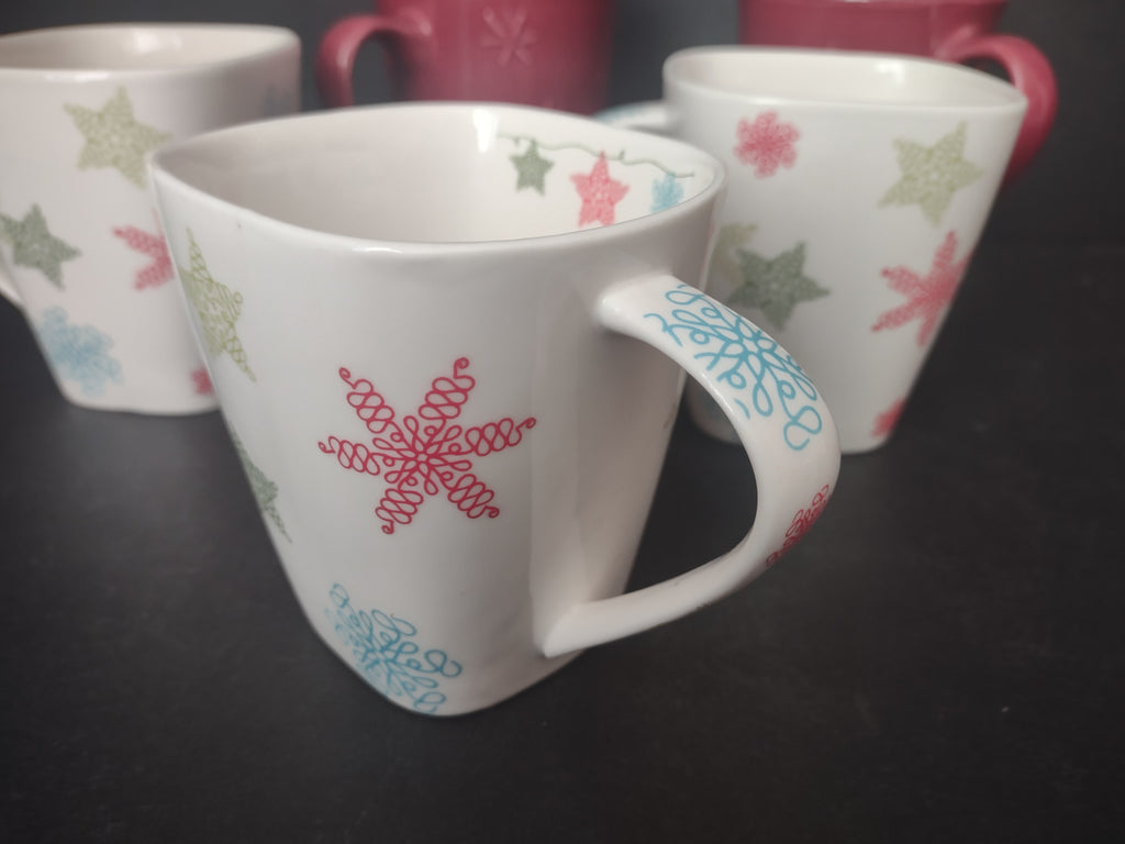 Christmas Snowflake Star Mugs 3 x Starbucks 2 Red Maroon Coffee Cup (lot 1216)