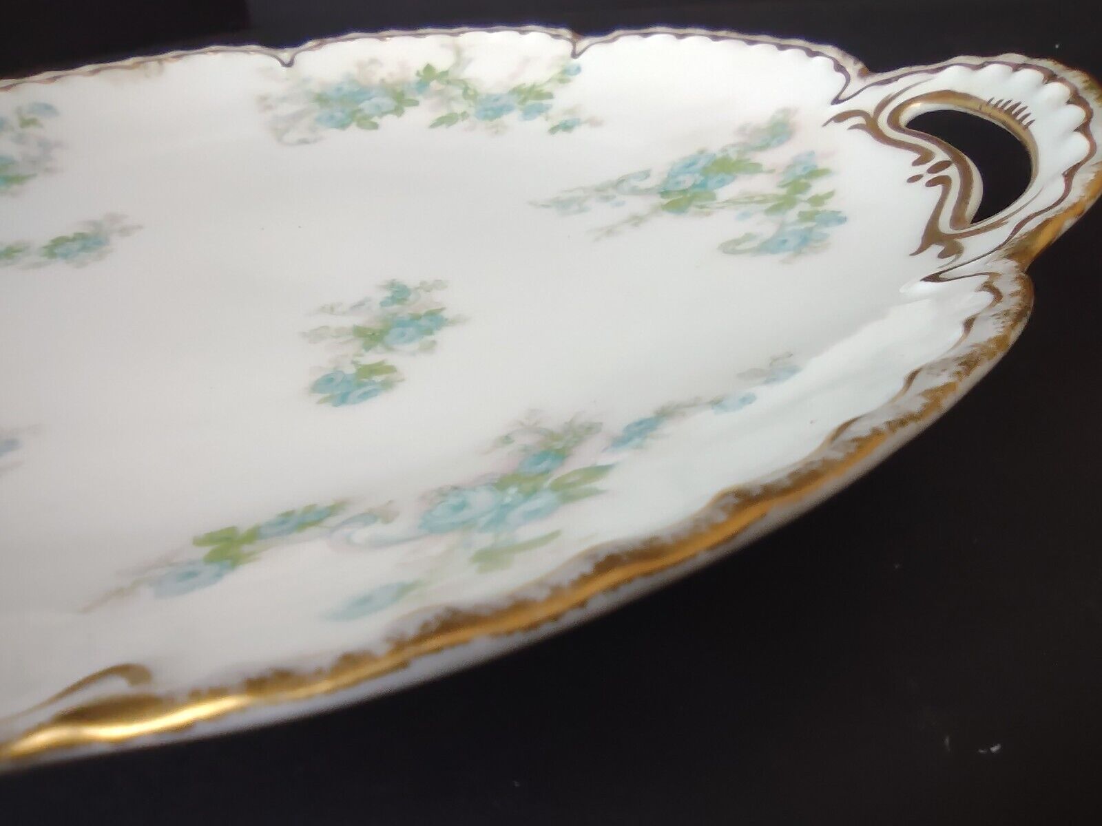 Vintage Haviland Limoges France Cake Serving Plate Blue Rose Gold Trim (lot 503)