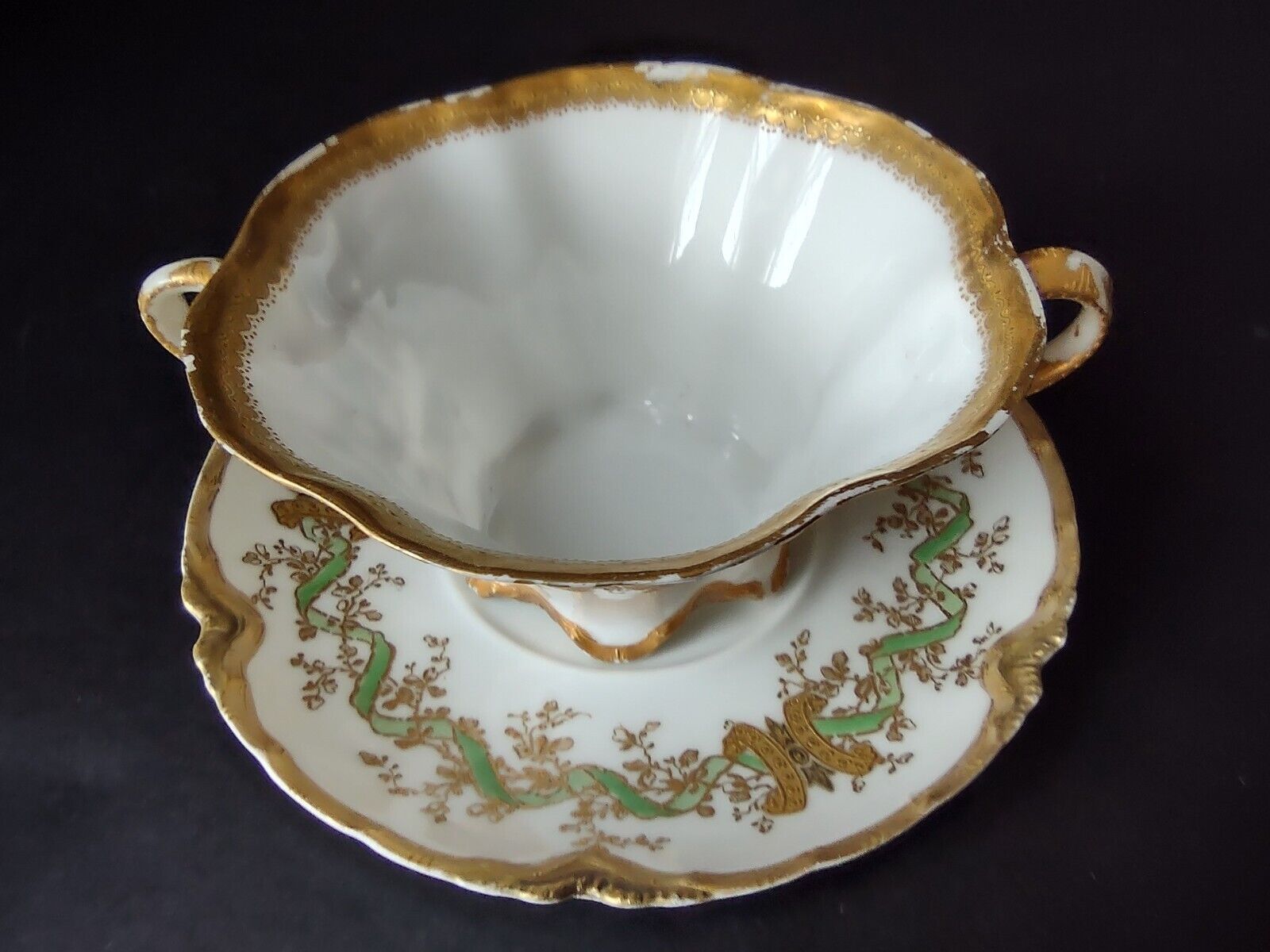 Haviland Limoges Green Heavy Gold Trim Bouillon Cup & Saucer IMPERFECT (lot 706)