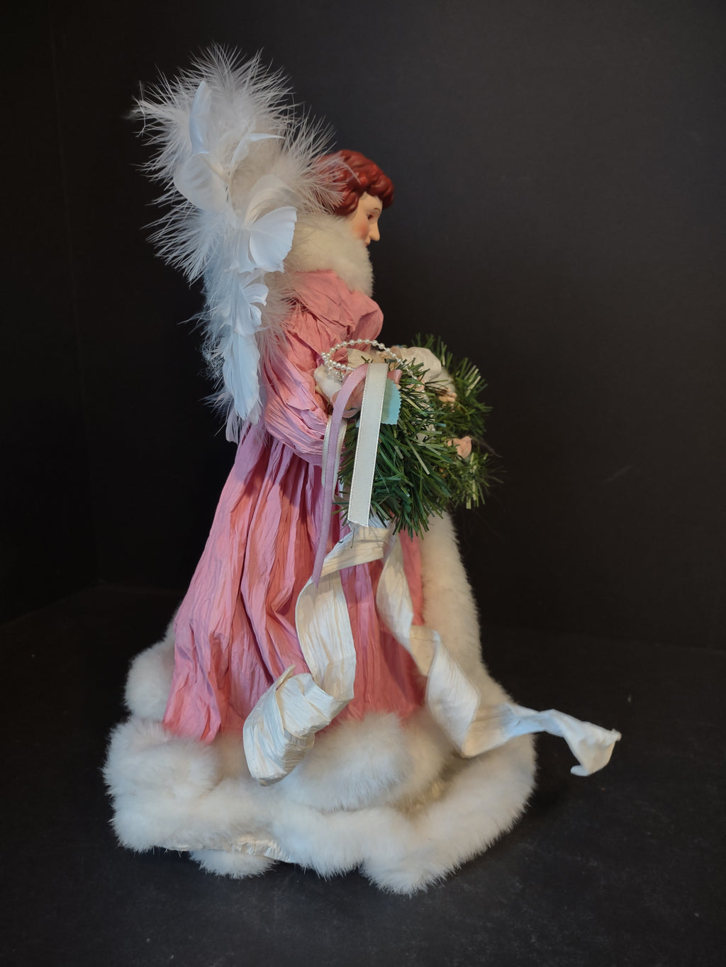Christmas Angel Tree Topper Pink White 16" Feather Wings (lot 2455)