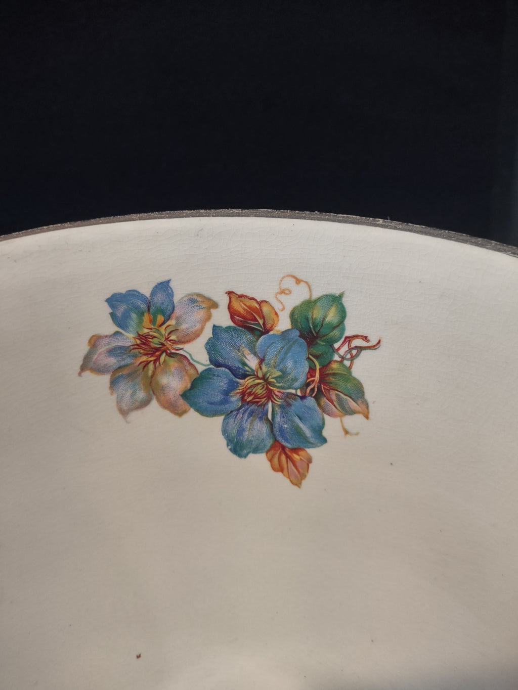 Vintage 11" Serving Mixing Bowl Blue Flower Gilded Trim Tapered (Lot 5222)