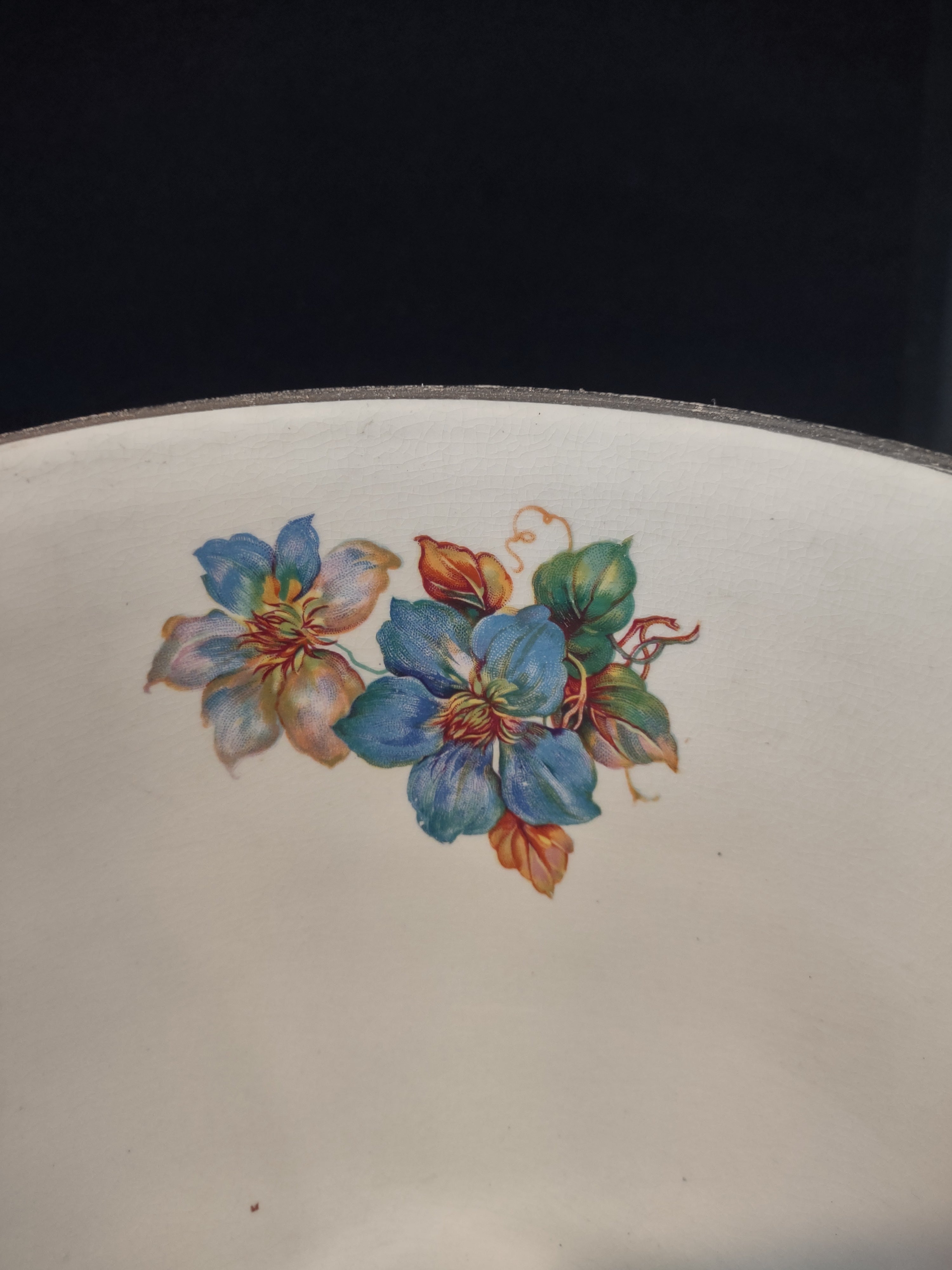 Vintage 11" Serving Mixing Bowl Blue Flower Gilded Trim Tapered (Lot 5222)