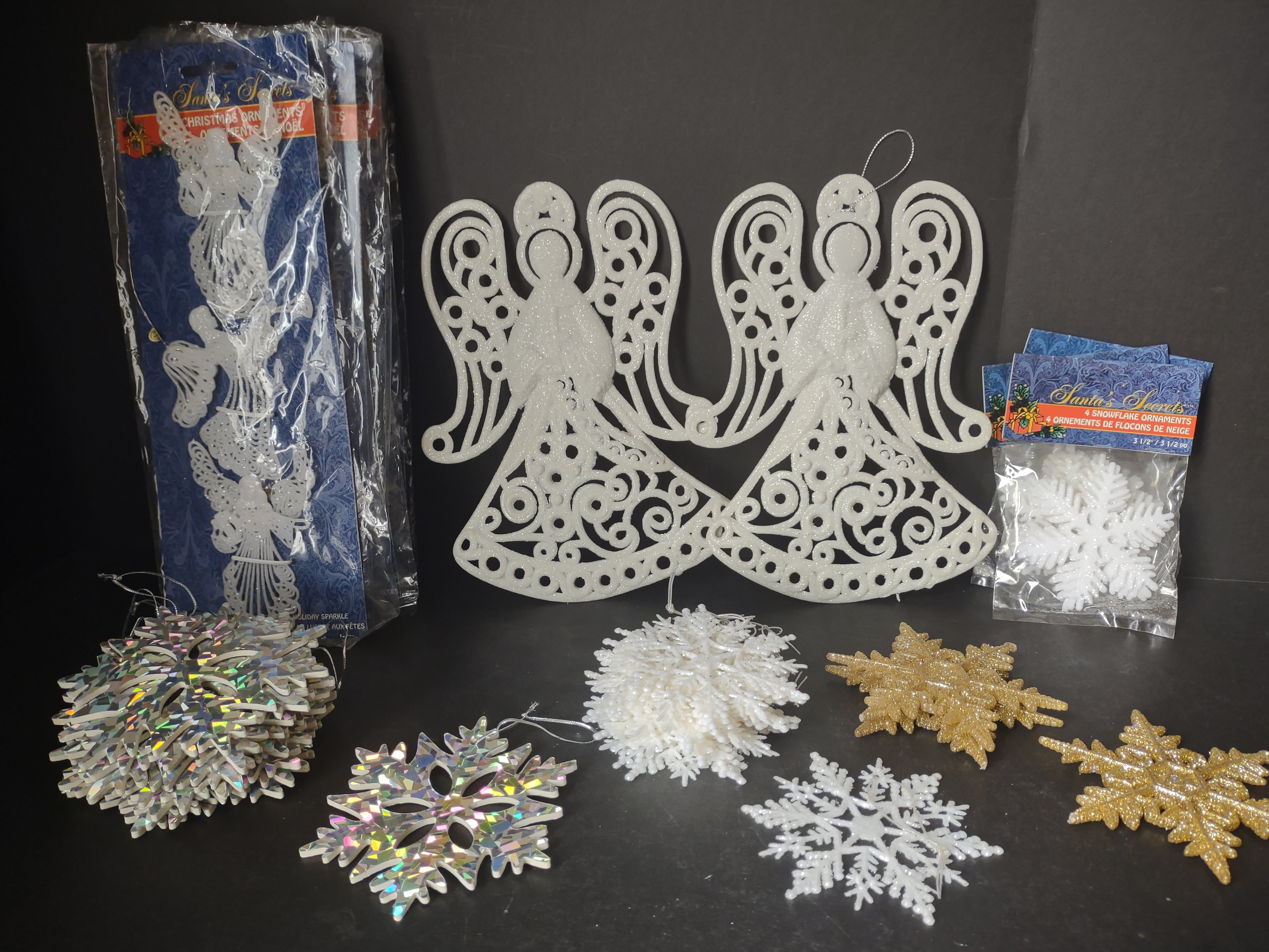 Set Christmas Ornaments Angel Snowflake Santa's Secret Holographic (lot 1754)