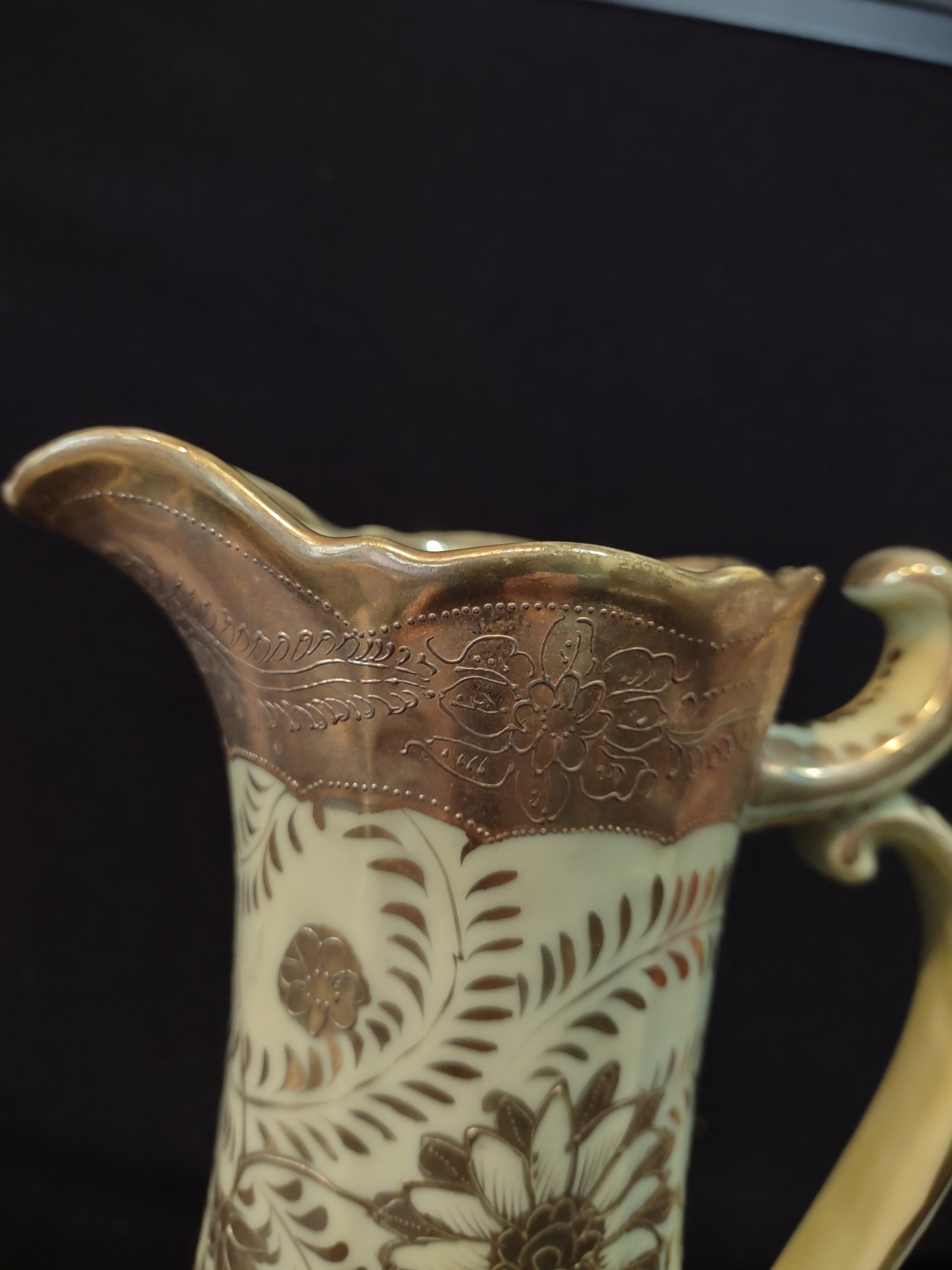 Vintage Ewer Pitcher Lime Golden Trim Floral Design Ornate Handle (Lot 5229)