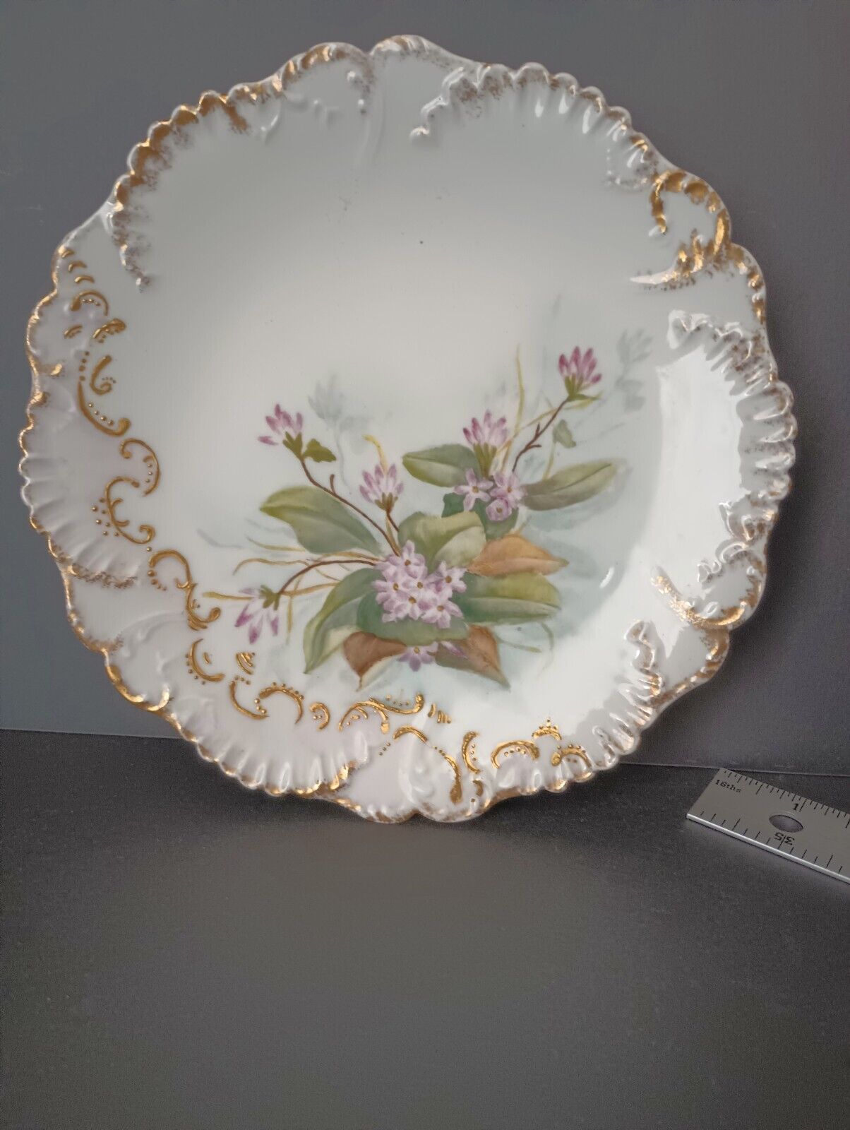 Limoges France JMC Plate Relief Molded Scrollwork Guild Gold Edge Pink (lot 366)
