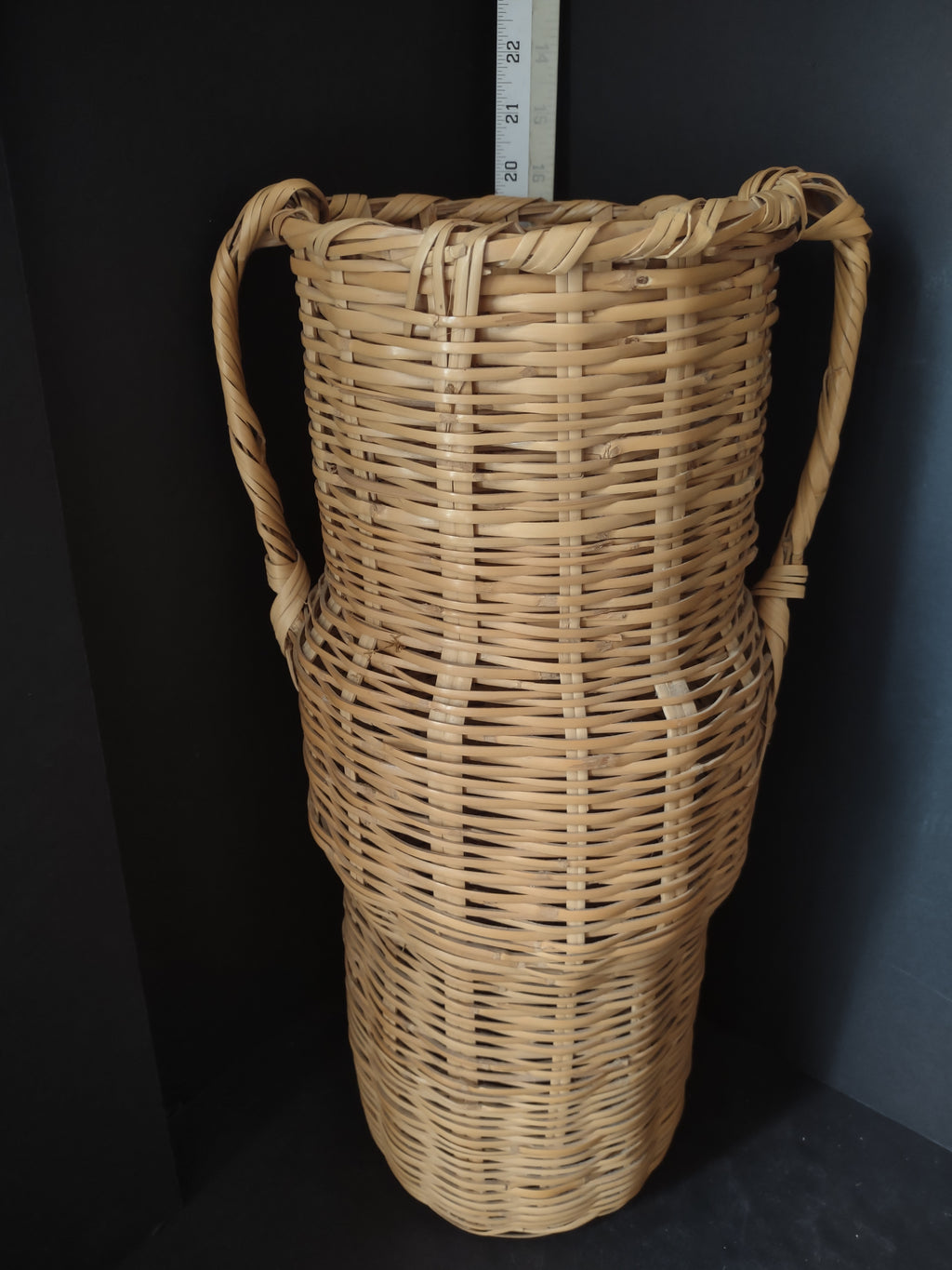 Vintage Wicker Rattan Vase Basket Boho MCM Chic Two Handles Woven 20"(lot 3118)
