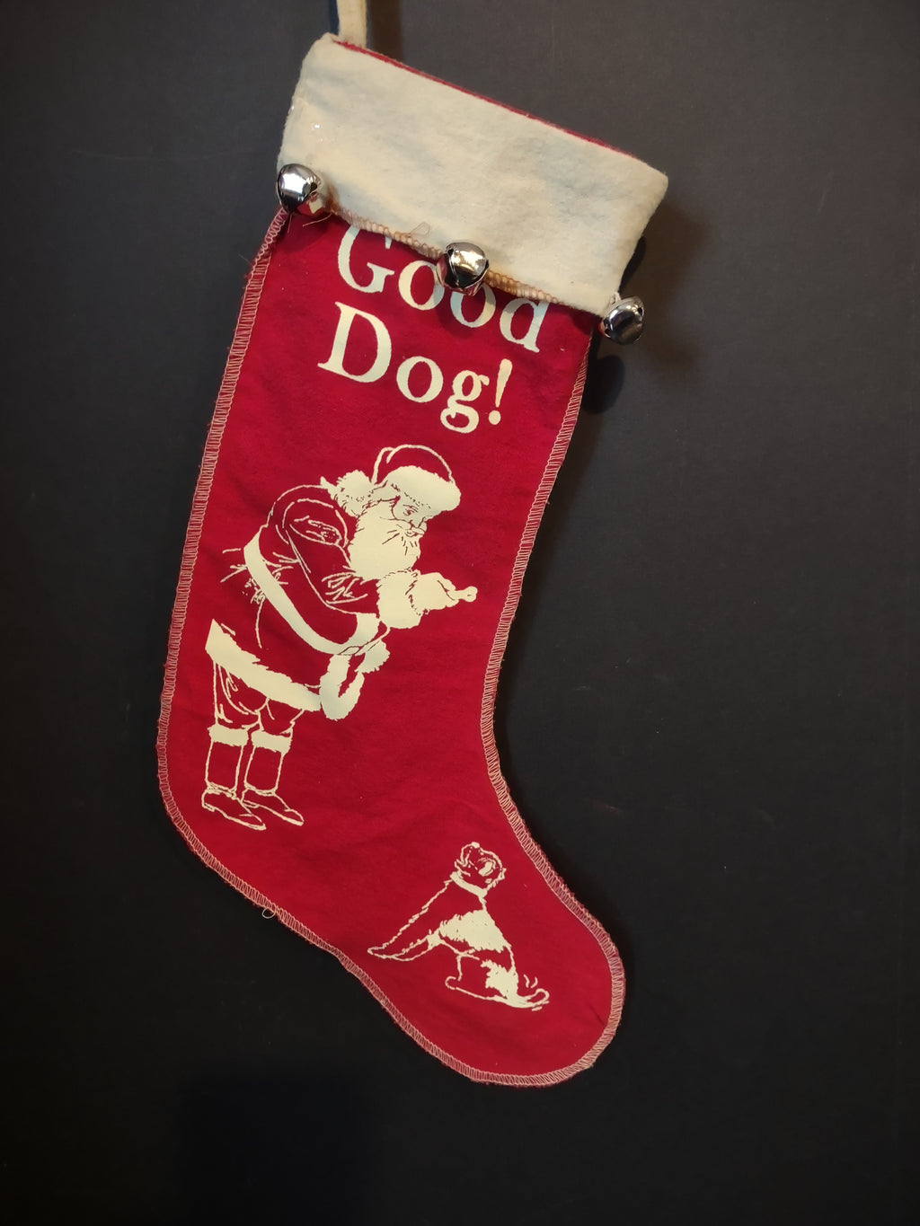 Vintage Christmas Good Dog Stocking with Santa Bells 16" (lot 3370)