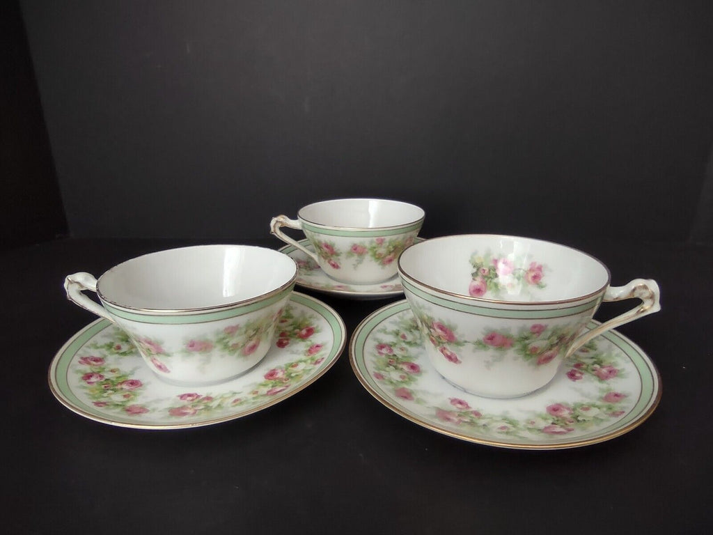 Coronet Limoges France 3 x Tea Cup Mint Band Gold Trim Pink Rose (lot 548)