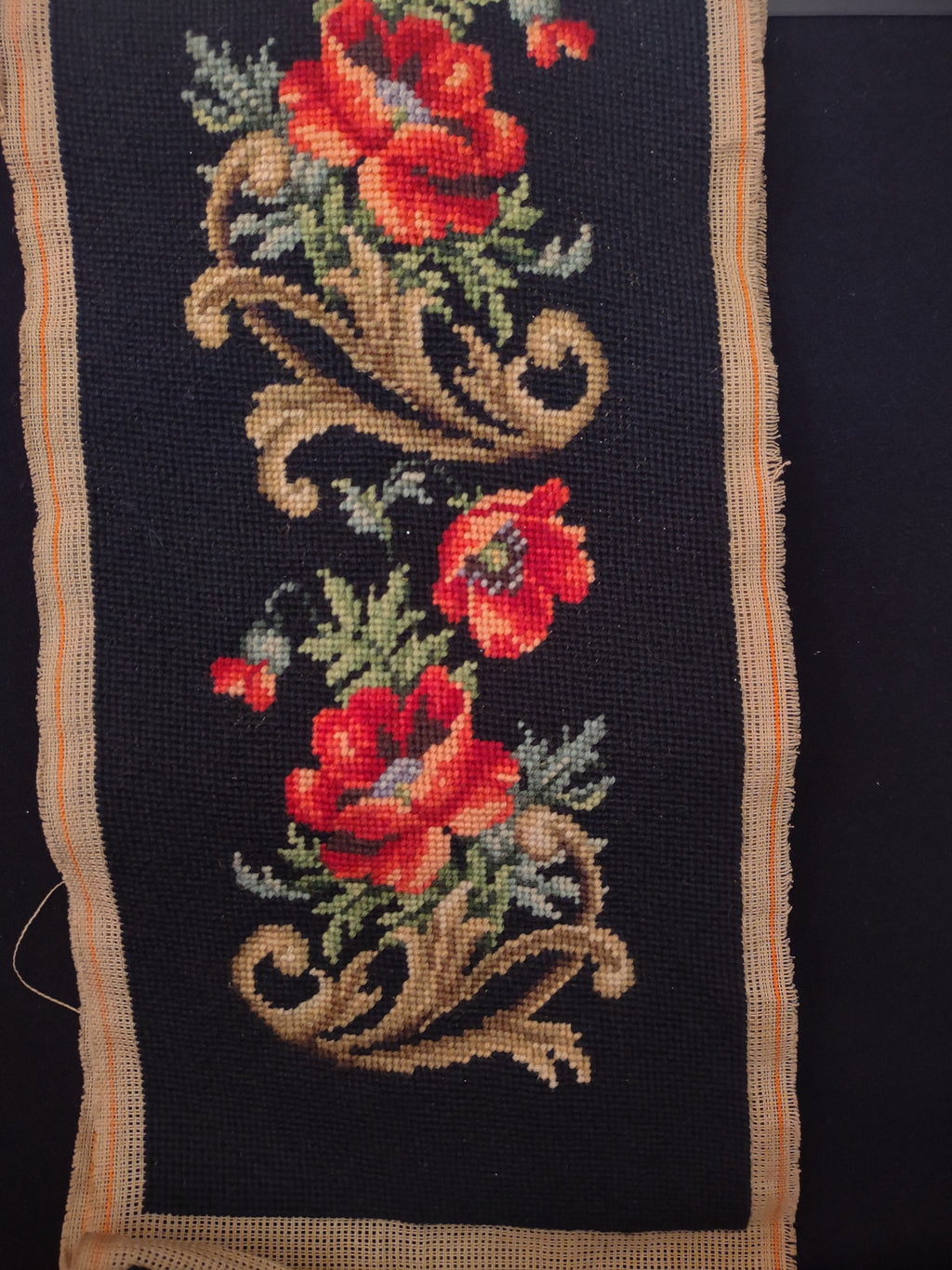 Handsewn Needlepoint Panel Floral Design Black Red Poppies 62 X 9" (Lot 4509)