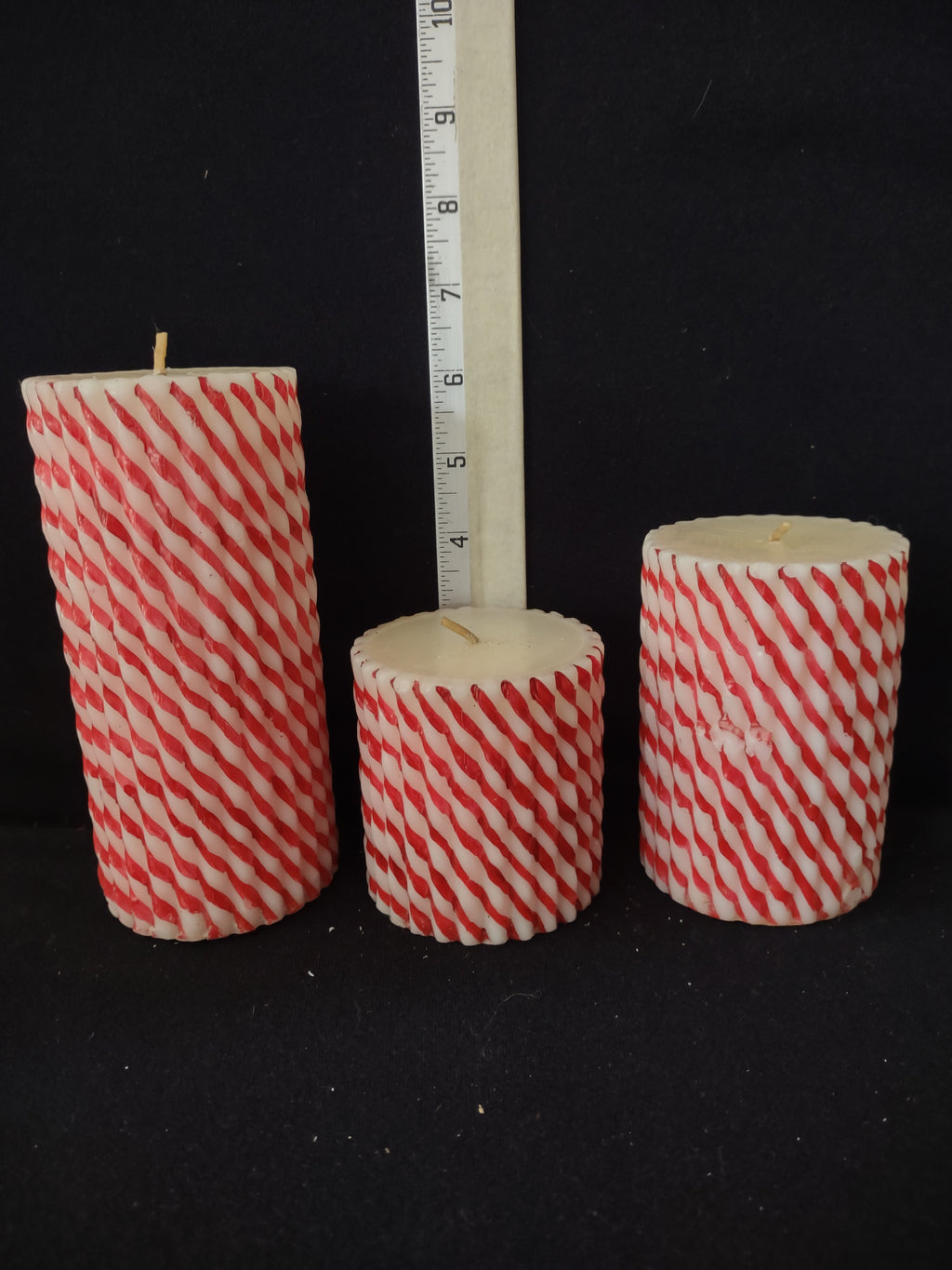 Christmas Holiday 3 Red White Striped Pillar Candles 6" 4" 3" (Lot 3925)