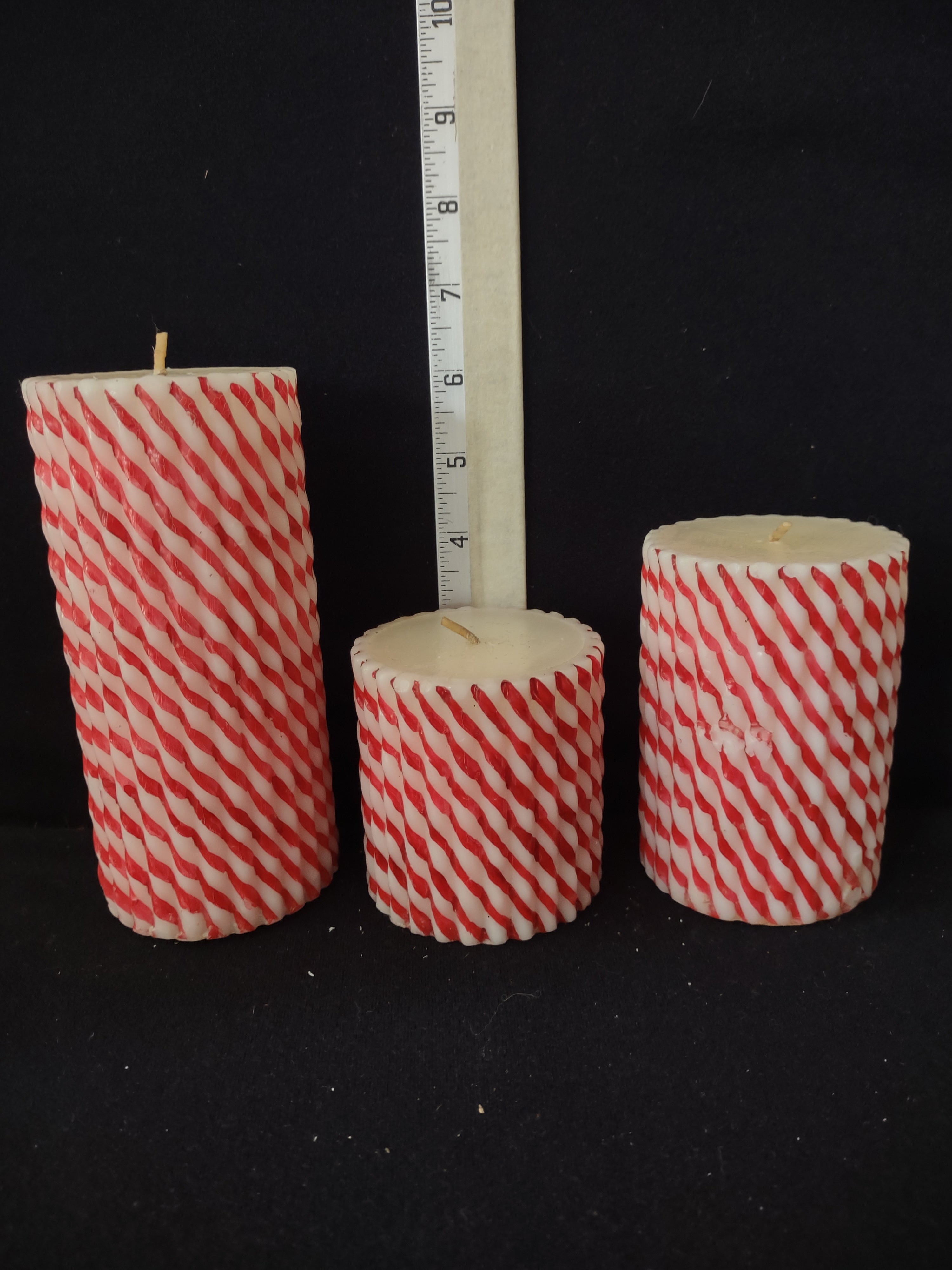 Christmas Holiday 3 Red White Striped Pillar Candles 6" 4" 3" (Lot 3925)