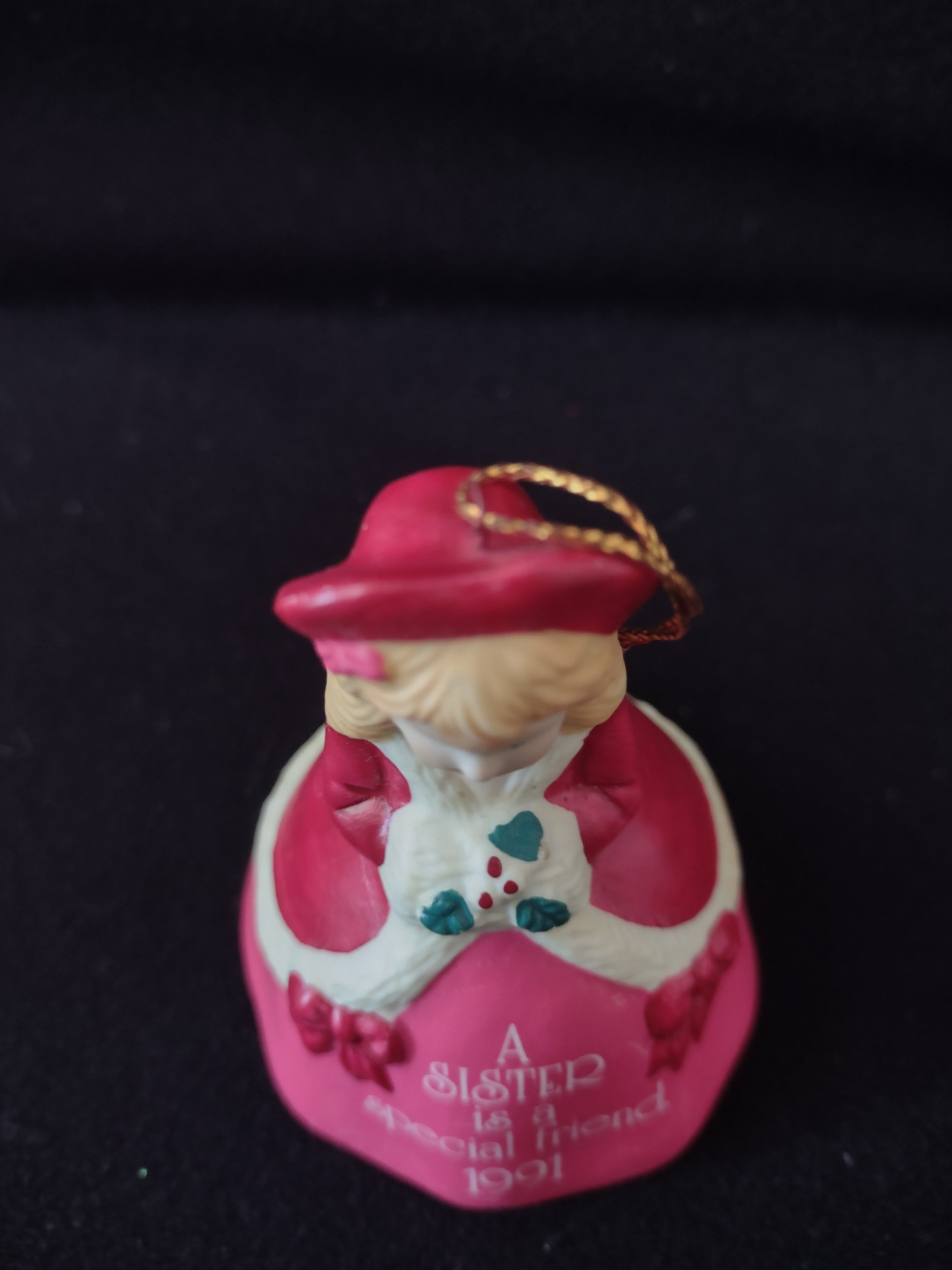 Vintage 1991 Special Sister Christmas Bell Ornament Red Coat Bows Holly (Lot4171
