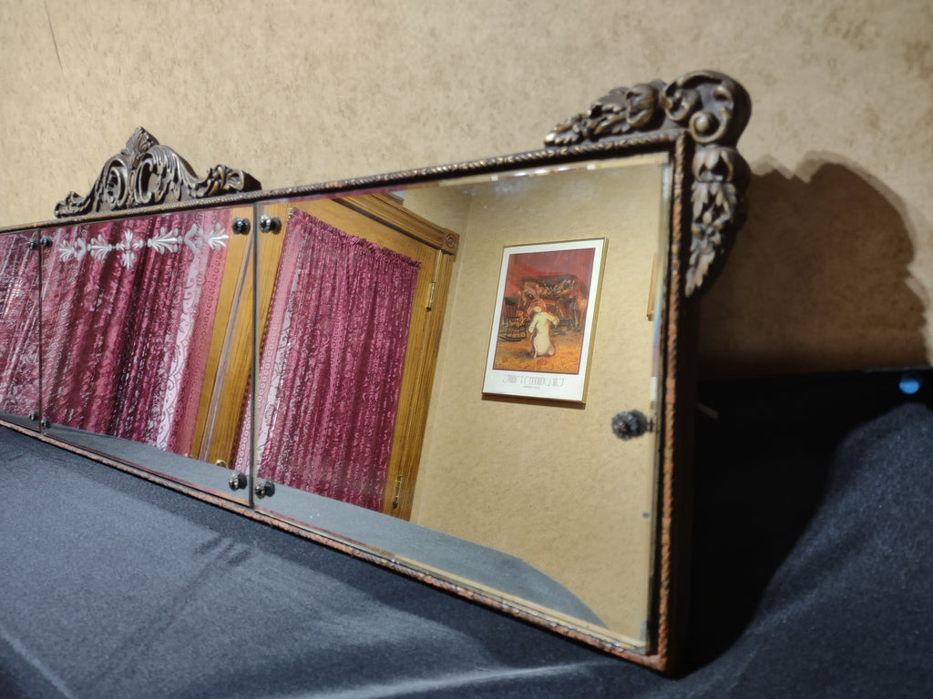 Antique Nurre Mirror Etched 3 Panel Hand-Carved Wood Frame (lot 5032)