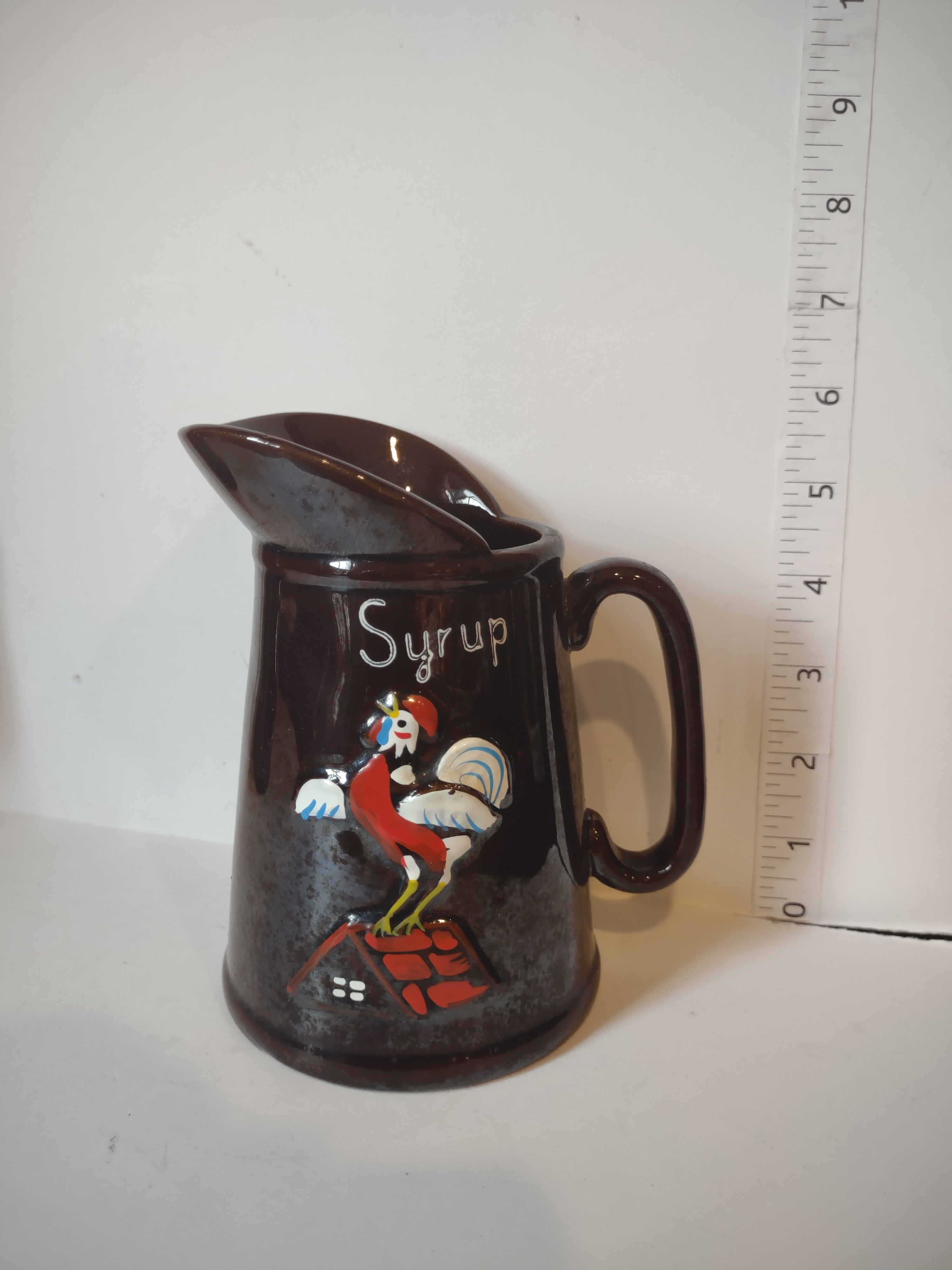 Vintage Redware Syrup Pitcher x 2 Rooster Vegetables (lot 2994c)