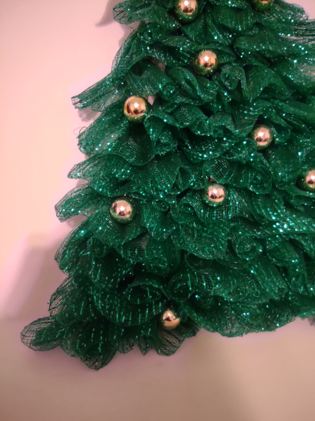 Handmade Ribbon Green Christmas Tree w/ Ornaments Flat Hang on Wall 22" (lot 1295)