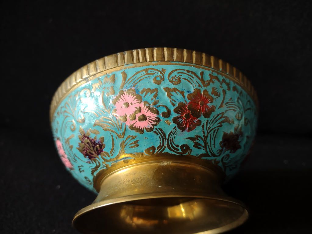 Vintage Metal Enameled Small Footed Bowl Peacock IMPERFECT (lot 5281)